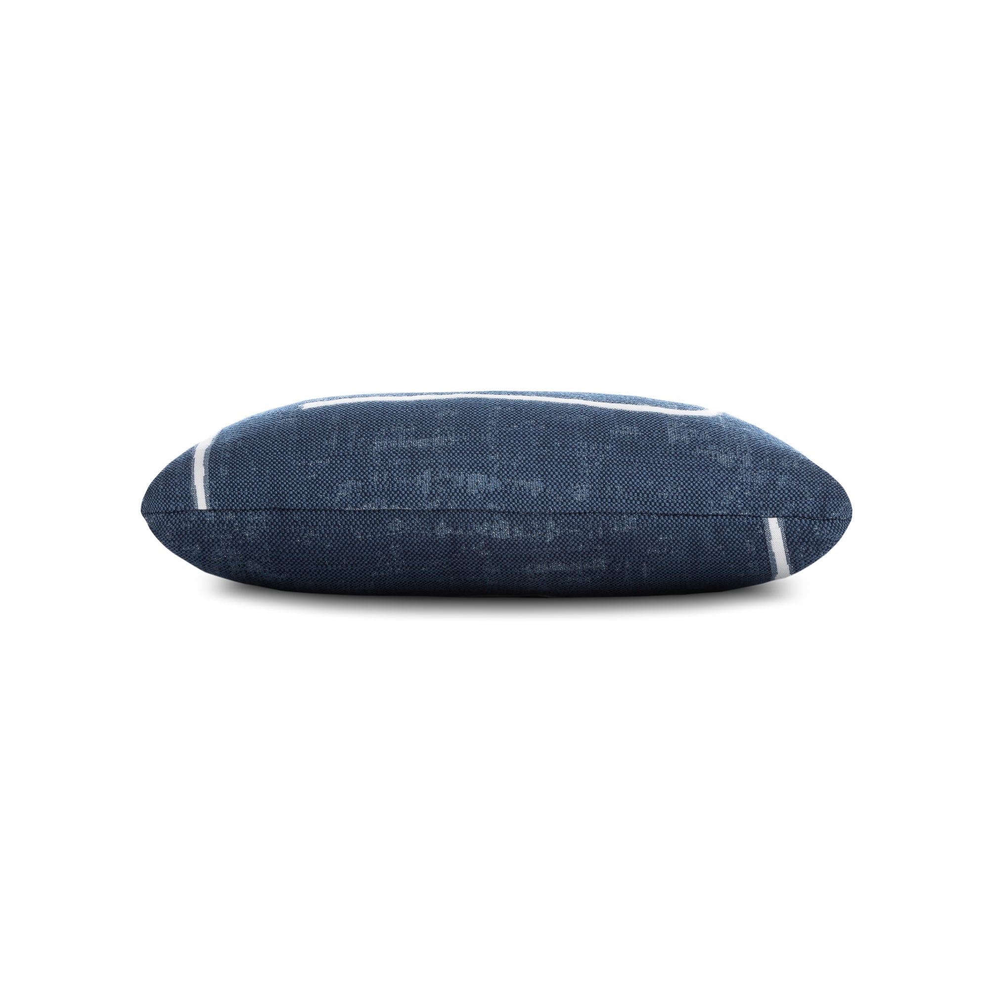 Side image of Denim abstract outdoor pillow in lumbar size for nautical patio decor
