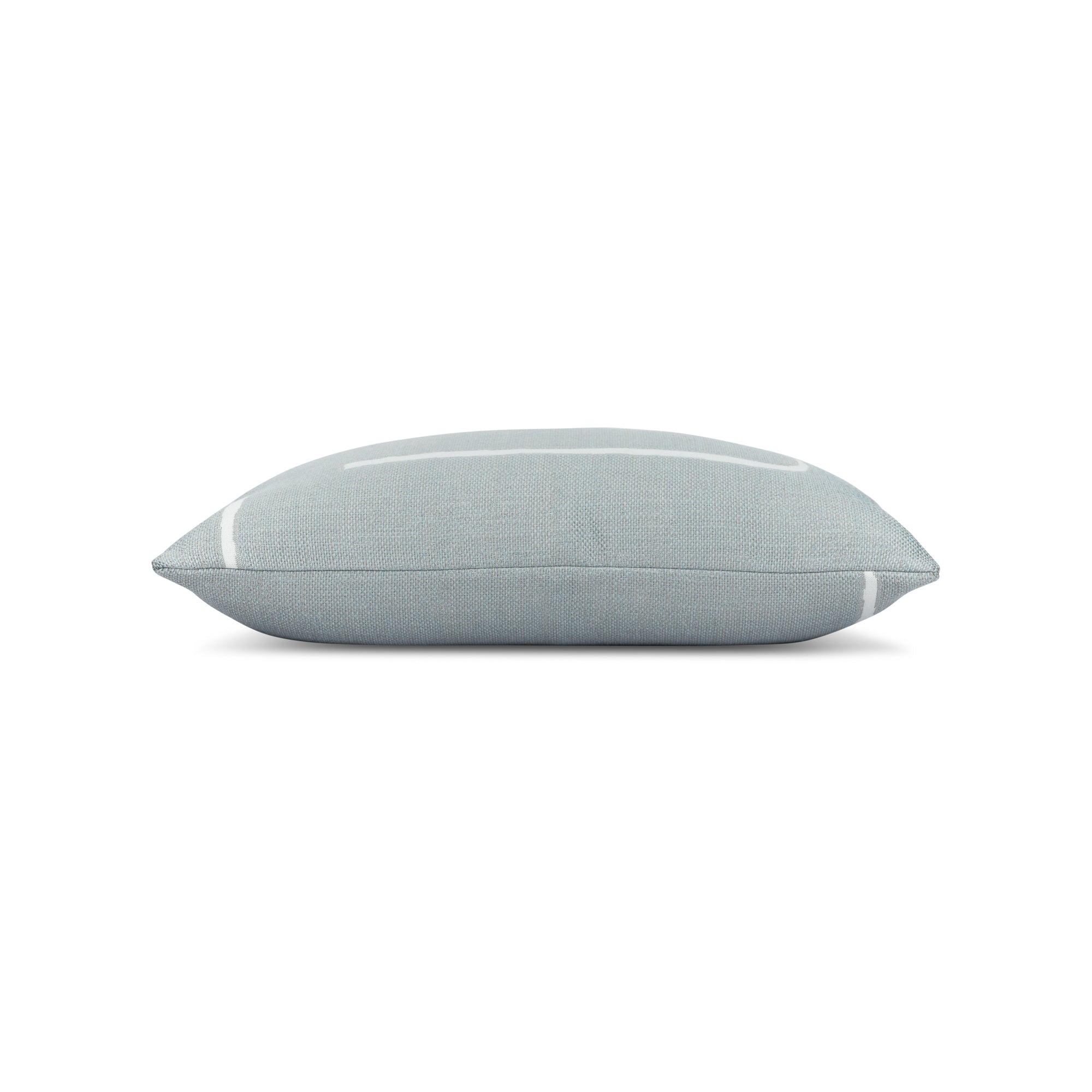 Side image of Soft gray blue outdoor pillow with rectangular shape lumbar size for modern patio decor