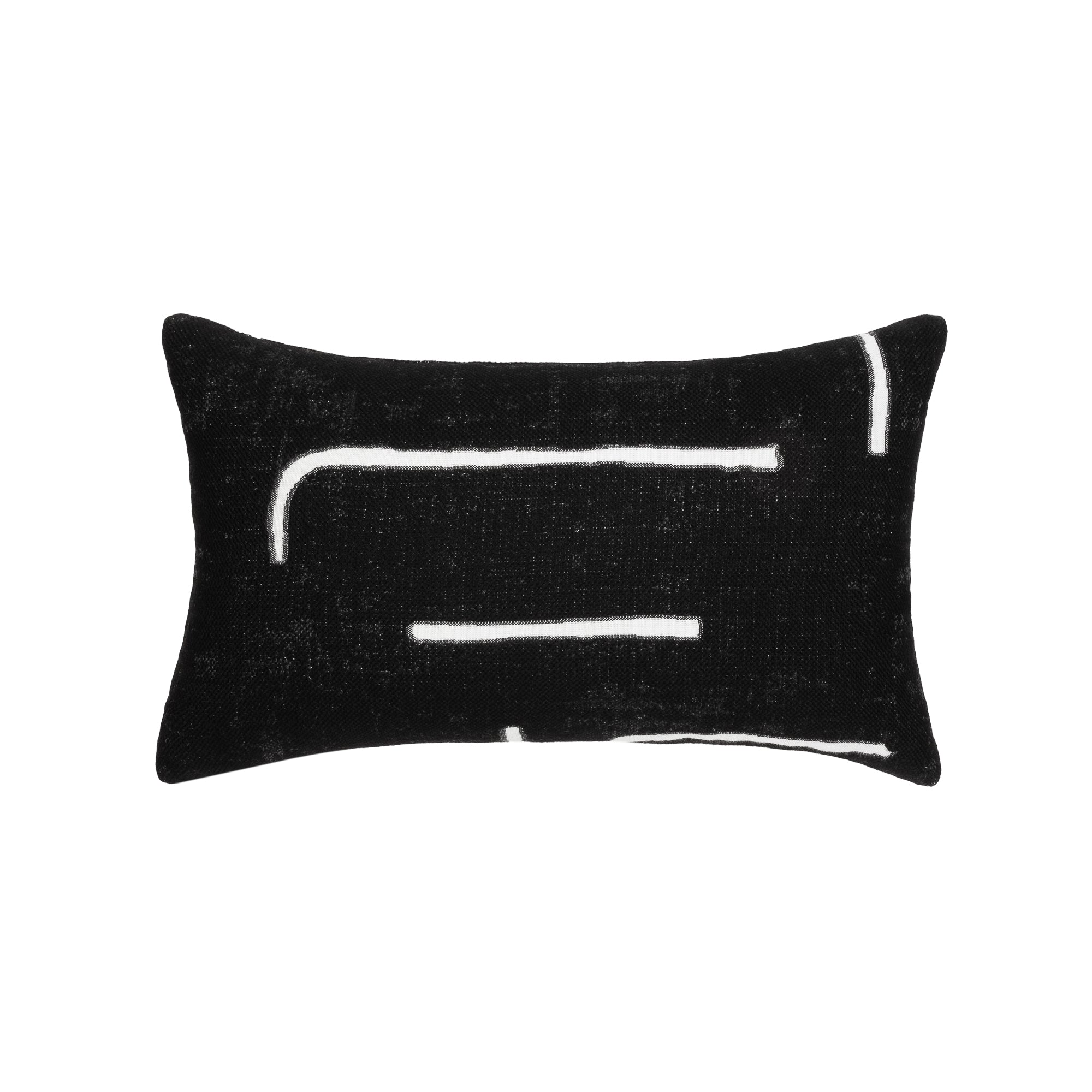 Black abstract outdoor pillow with rectangular shape lumbar size for dramatic patio decor by Elaine Smith