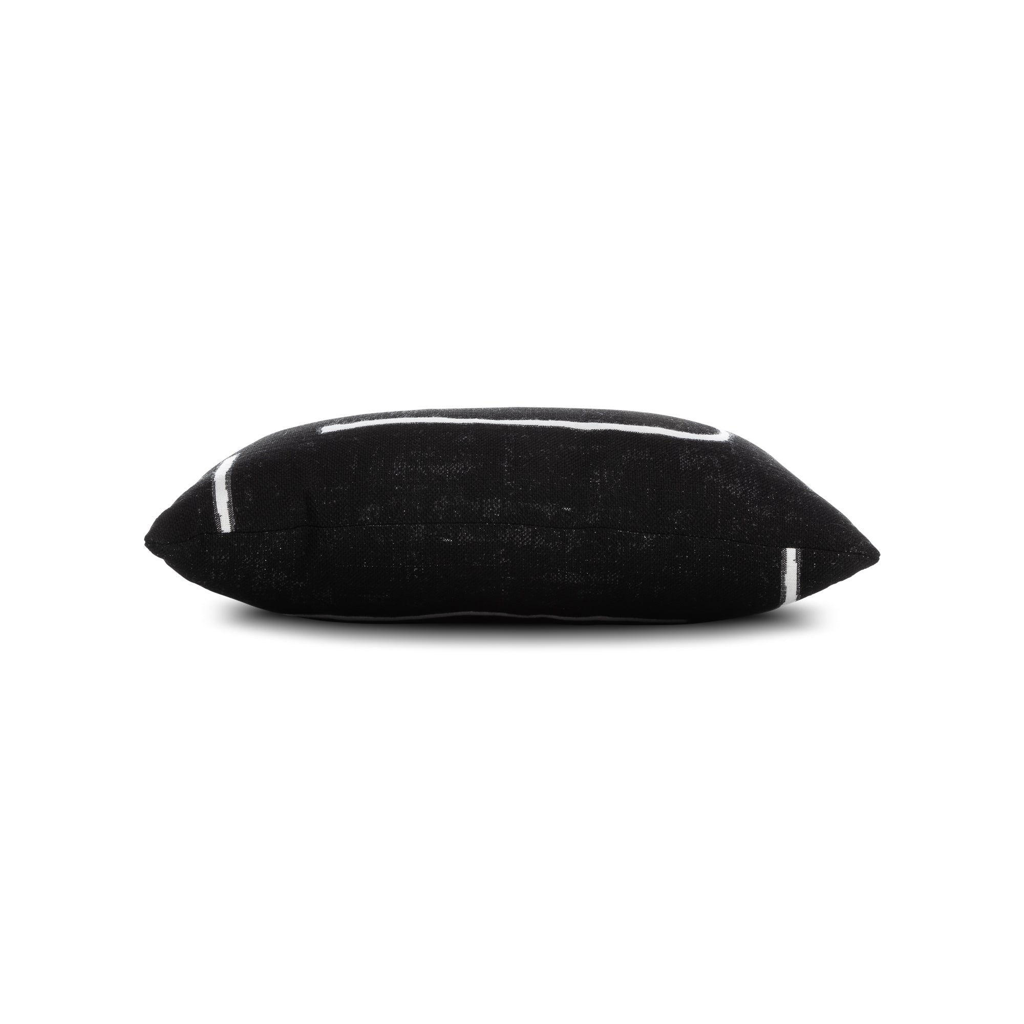 Side image of Black abstract outdoor pillow with rectangular shape lumbar size for dramatic patio decor by Elaine Smith