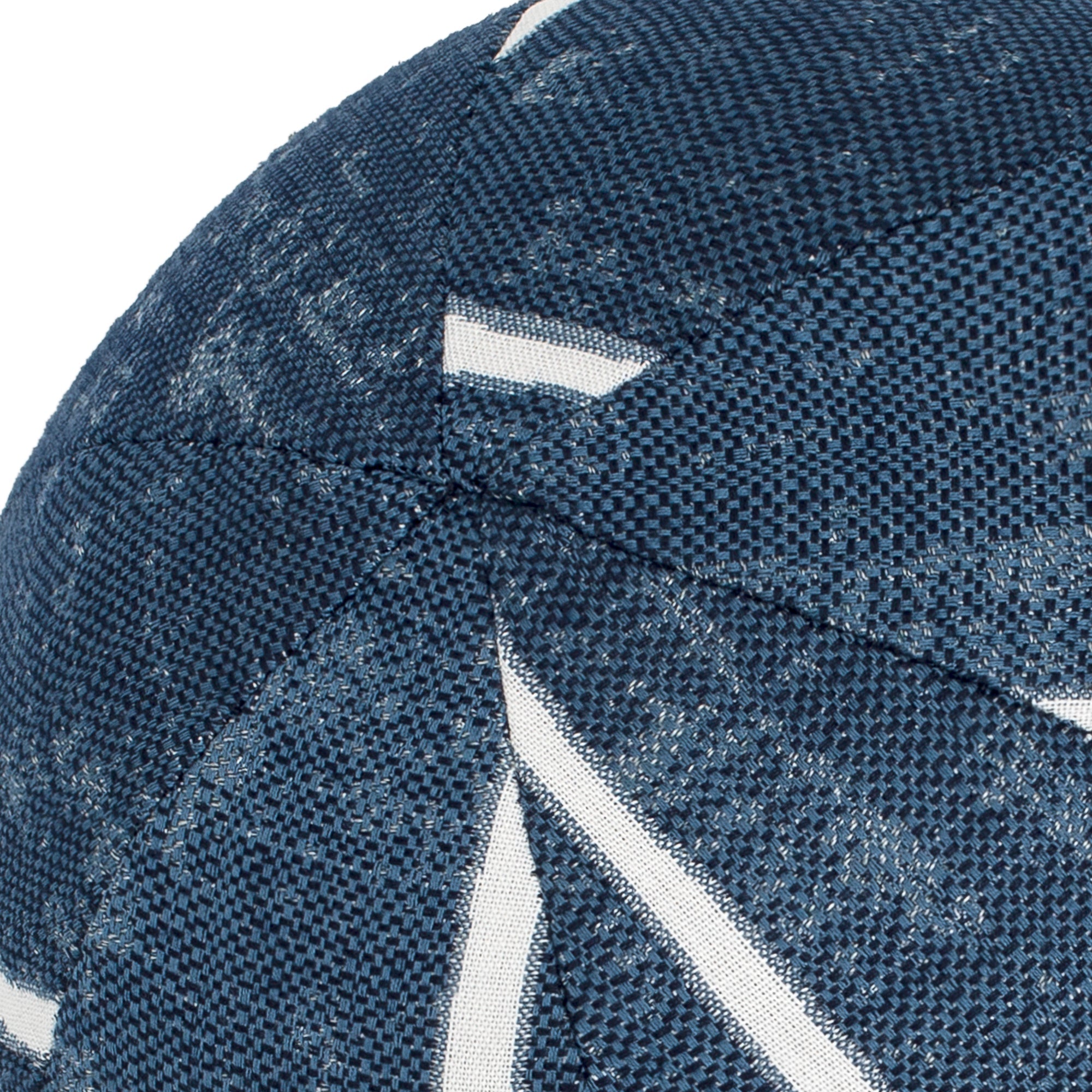 Detail image of Denim abstract pattern outdoor pillow in round orb shape for nautical patio decor
