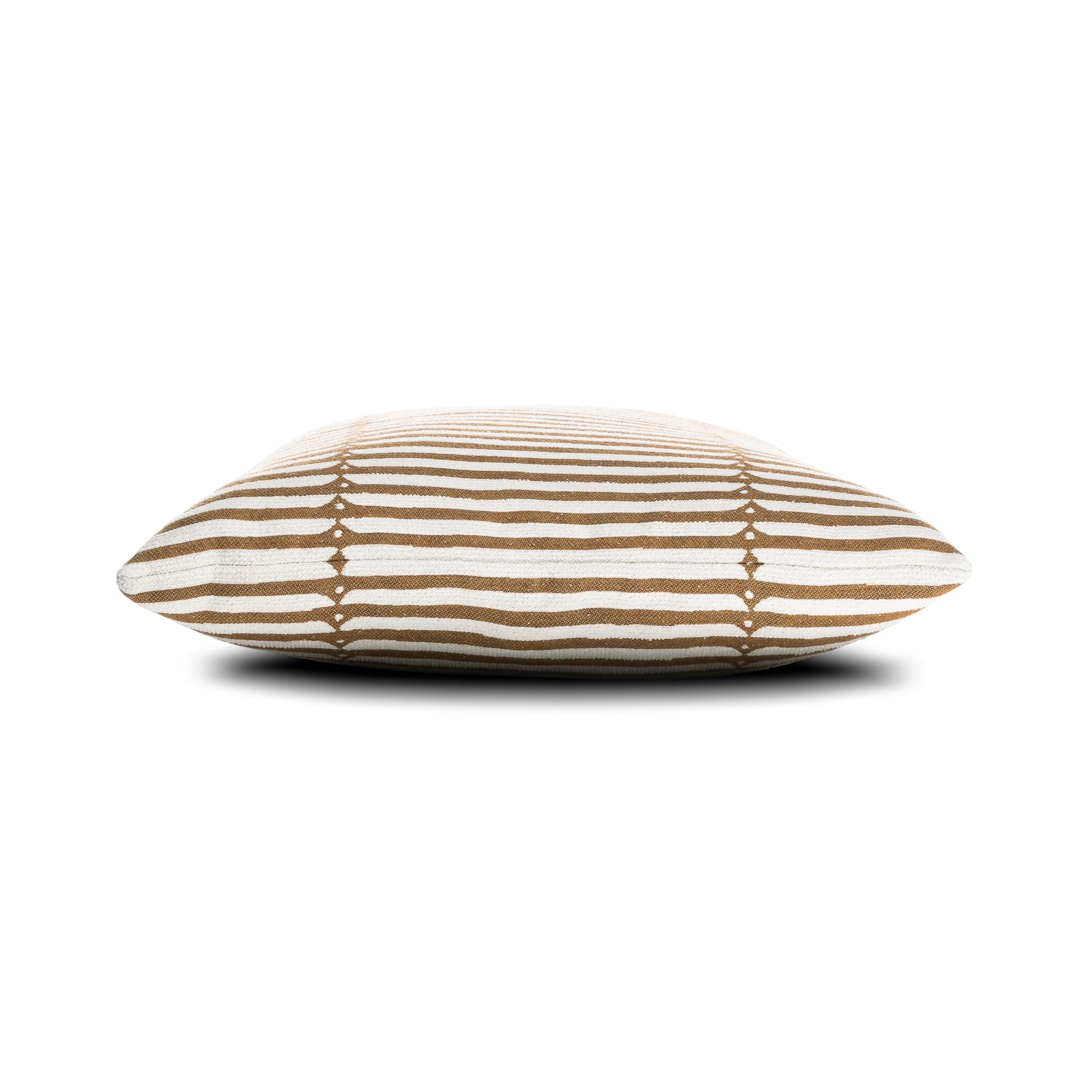 Side image of Caramel striped pillow square size for coastal indoor and outdoor decor
