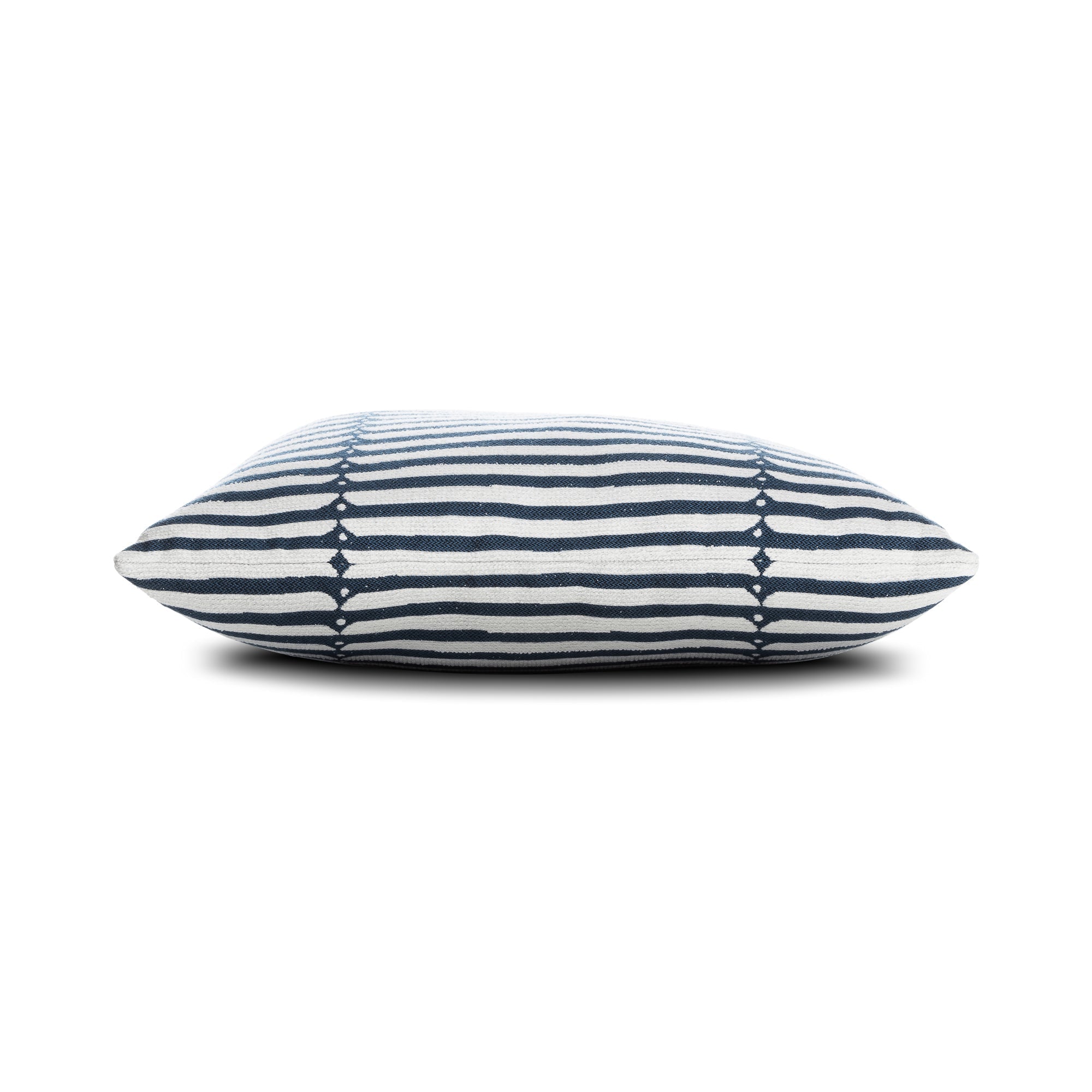 Side image of Denim blue striped pillow with textured finish for bold indoor and outdoor decor