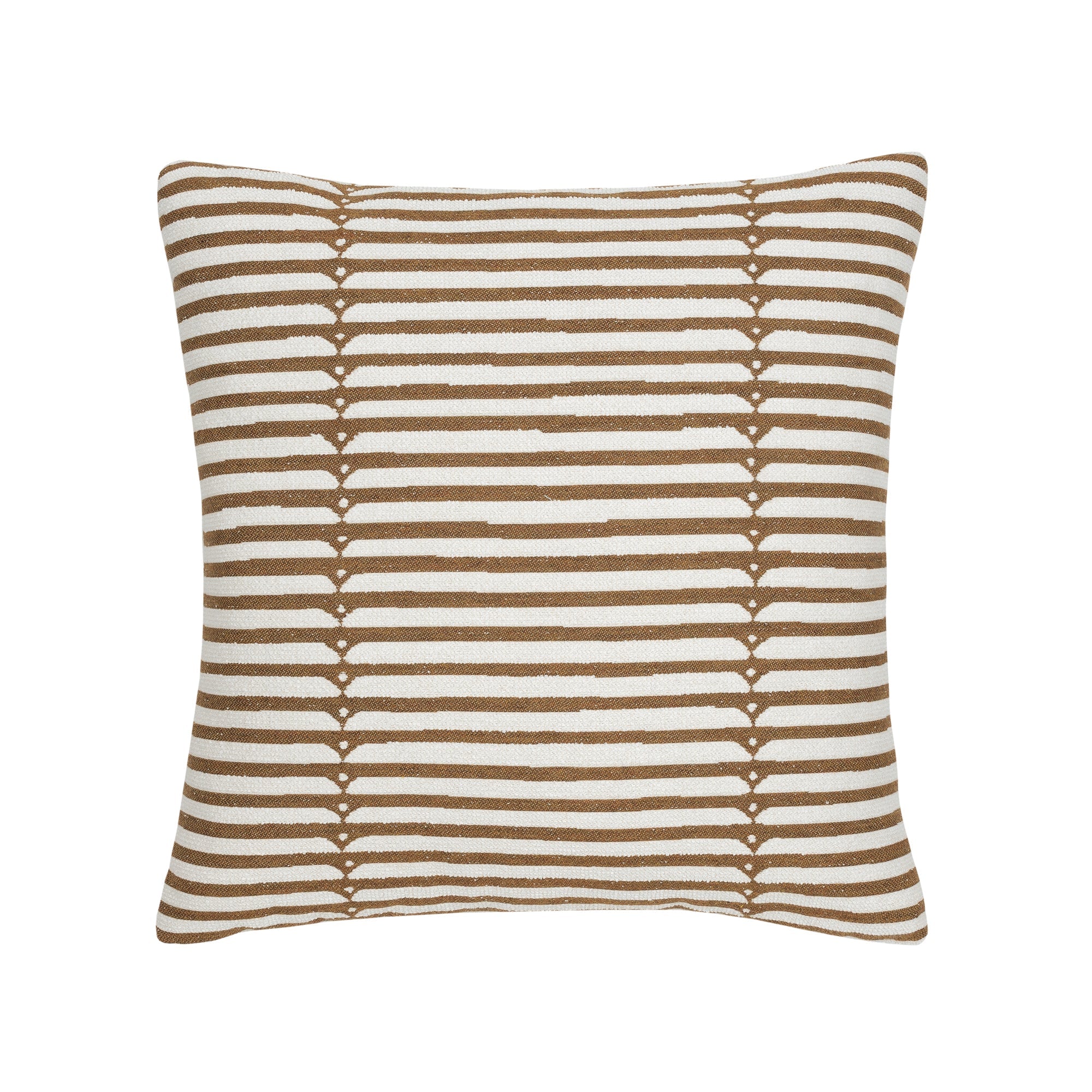 Pillow made from Sophisticated stripe in caramel on ivory boucle ground outdoor safe woven fabric