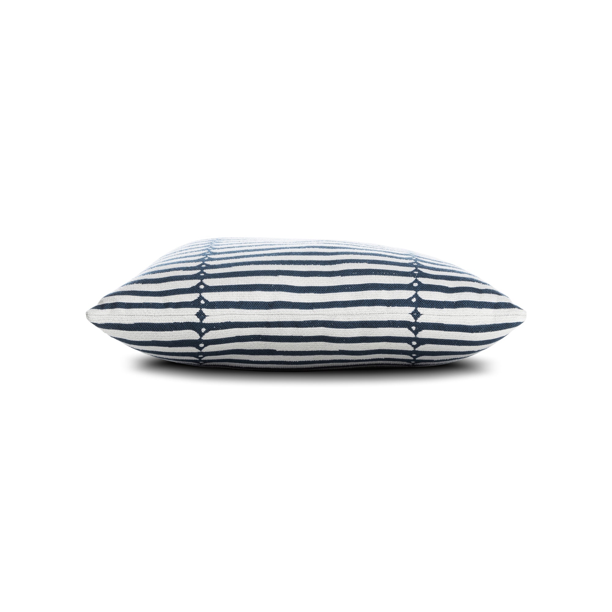 Side image of Denim blue striped pillow square size for nautical indoor and outdoor decor