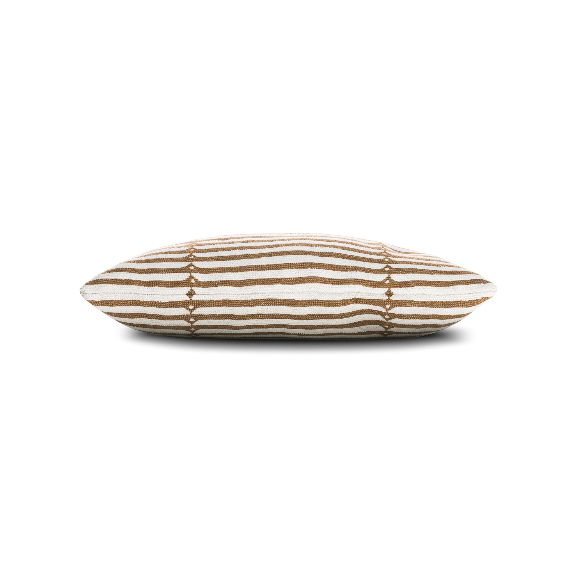 Side image of Caramel striped pillow lumbar size for earthy indoor and outdoor decor