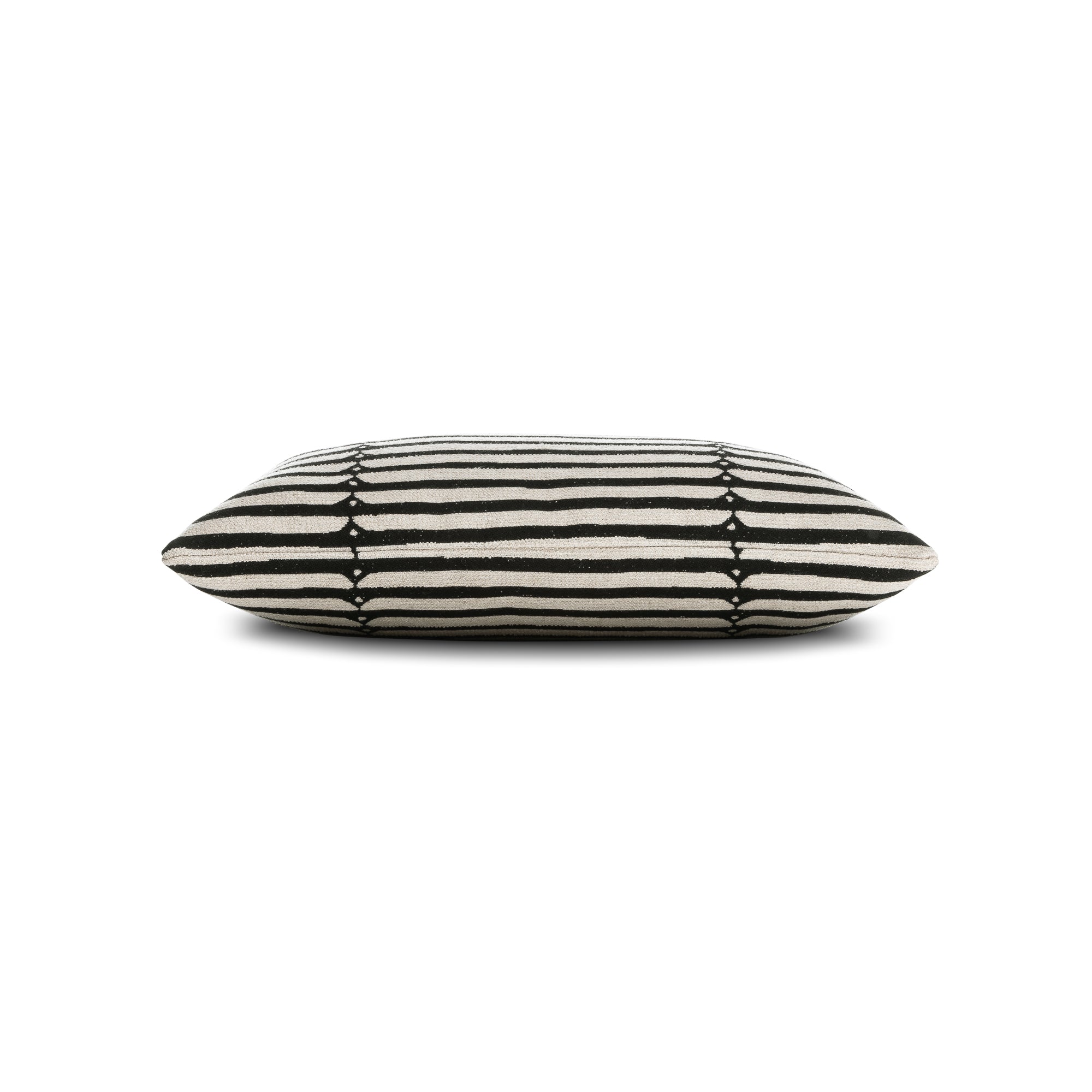 Side image of Black and cream striped pillow lumbar size for contemporary indoor and outdoor decor by Elaine Smith
