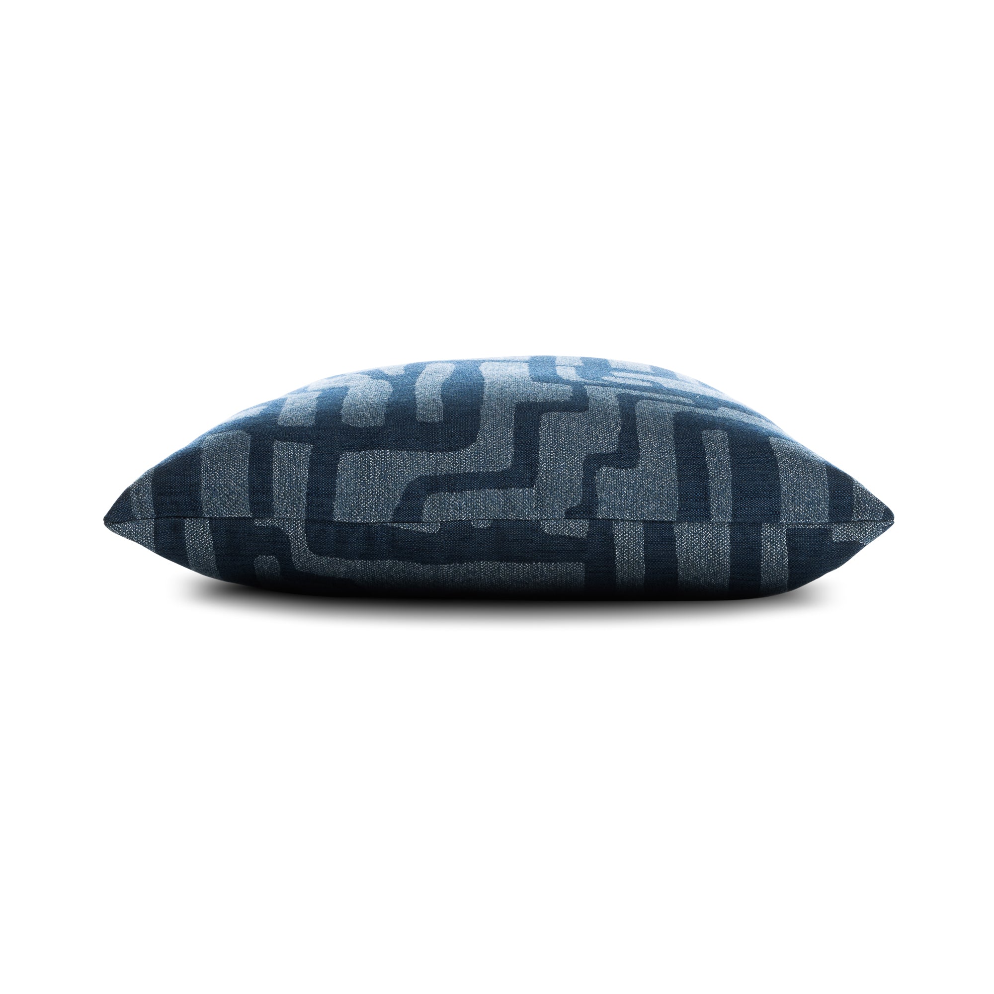 Side image of Blue geometric textured pillow square size for contemporary indoor and outdoor decor