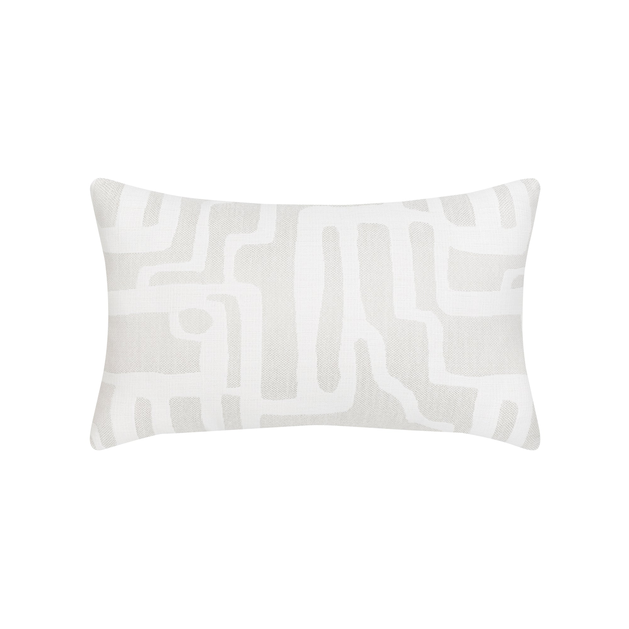 White abstract patterned outdoor pillow in lumbar size for artistic indoor and outdoor decor by Elaine Smith
