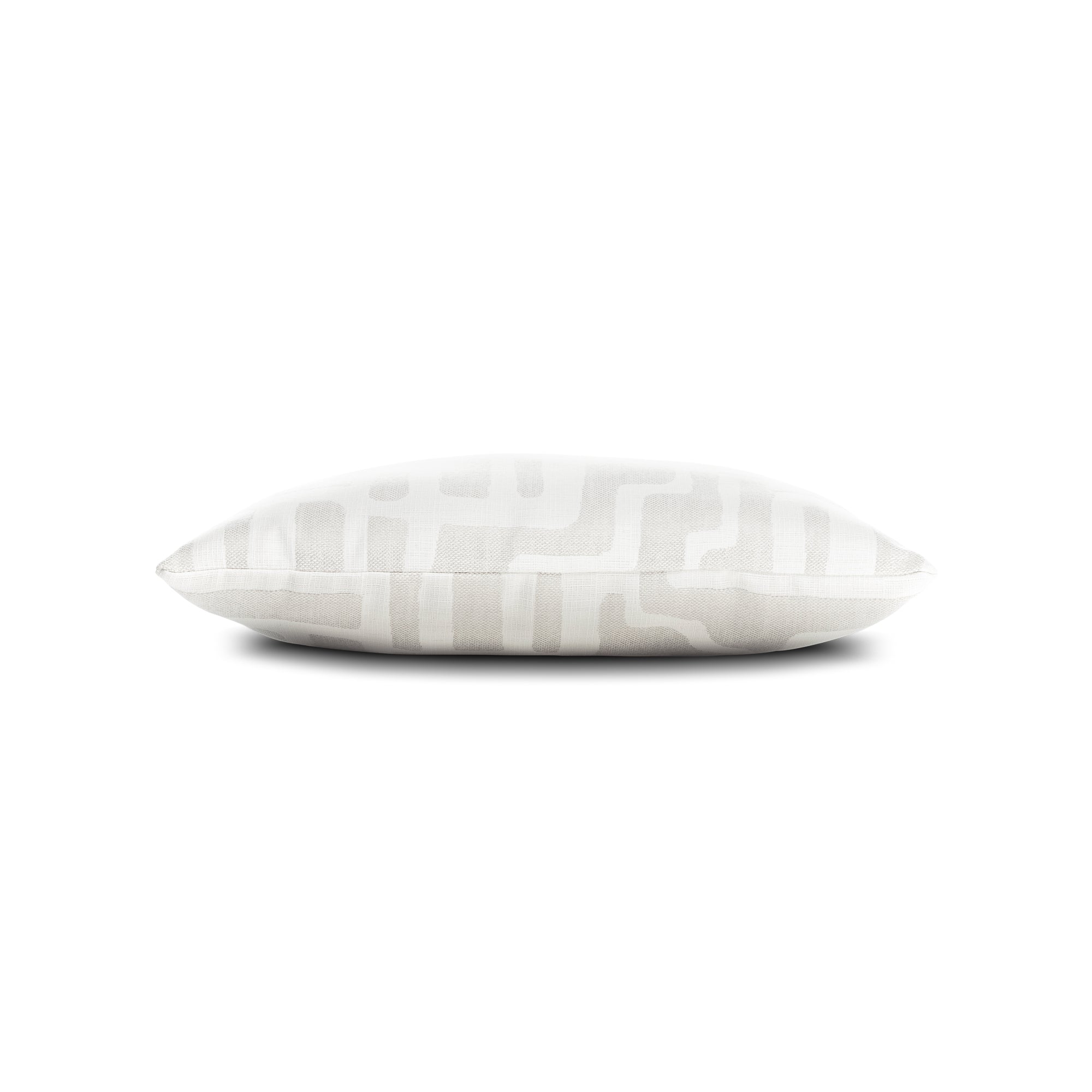 Side image of White abstract patterned outdoor pillow in lumbar size for artistic indoor and outdoor decor by Elaine Smith