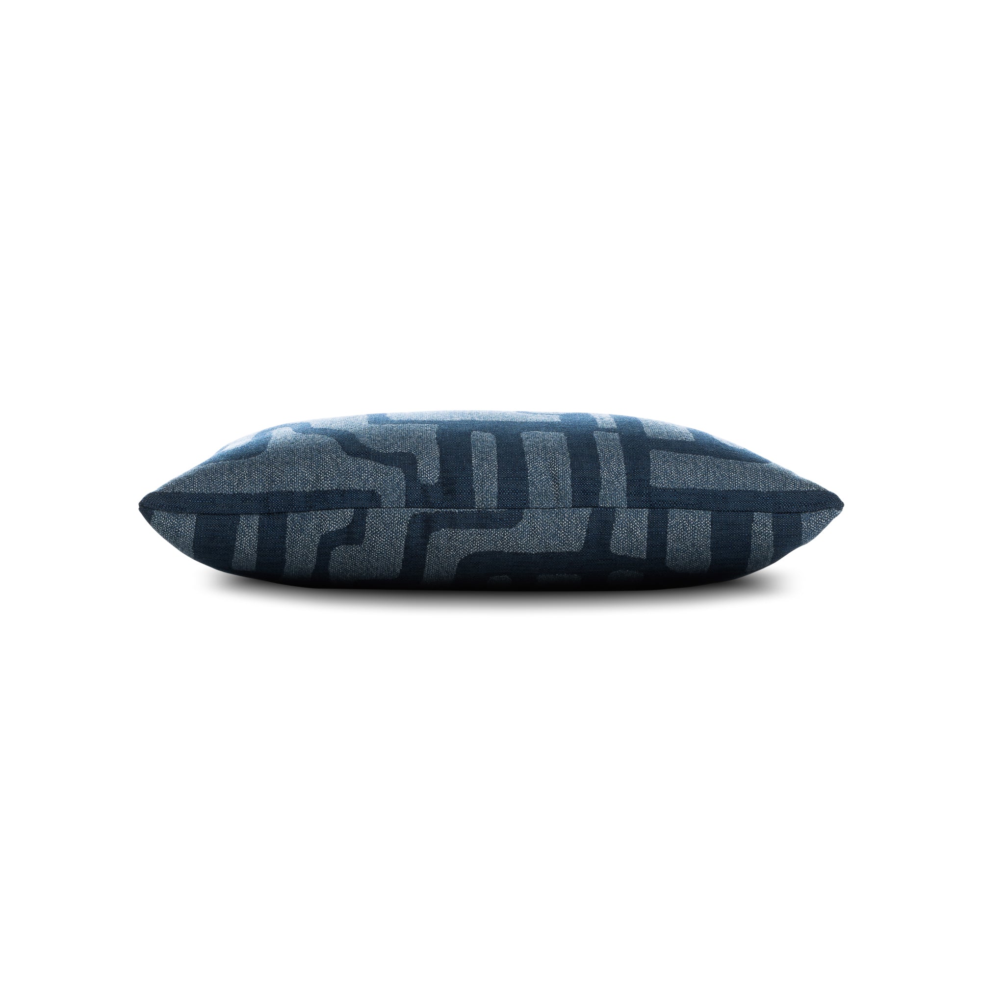 Side image of Navy geometric pillow lumbar size for sophisticated indoor and outdoor decor