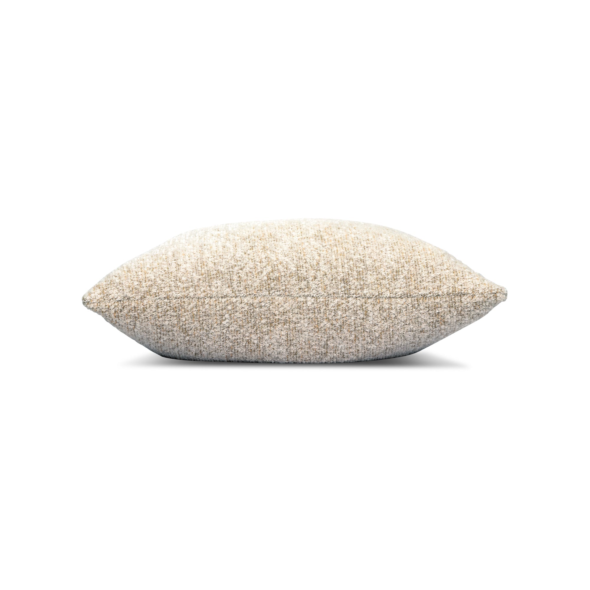 Side image of Beige outdoor pillow with woven texture, square size for neutral outdoor design