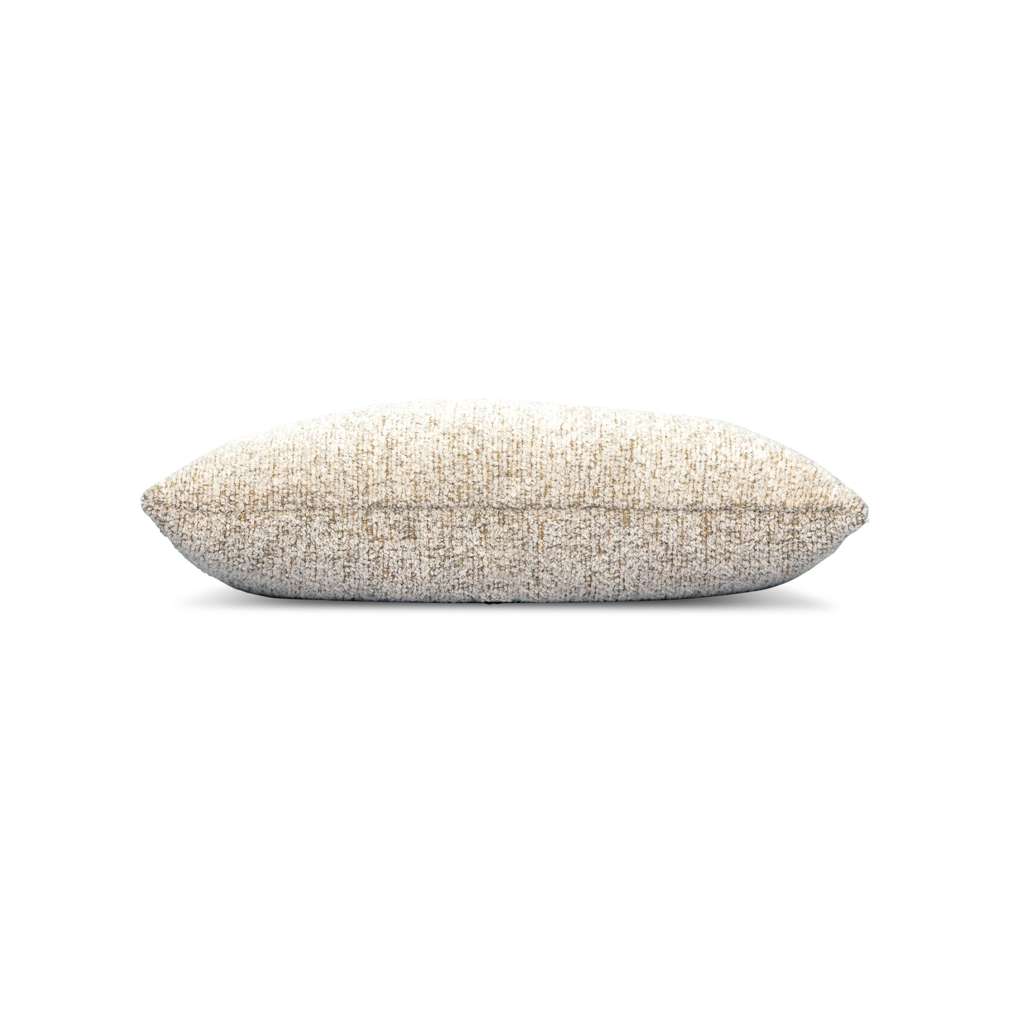 Side image of Beige outdoor pillow with woven texture, lumbar size for timeless outdoor styling by Elaine Smith