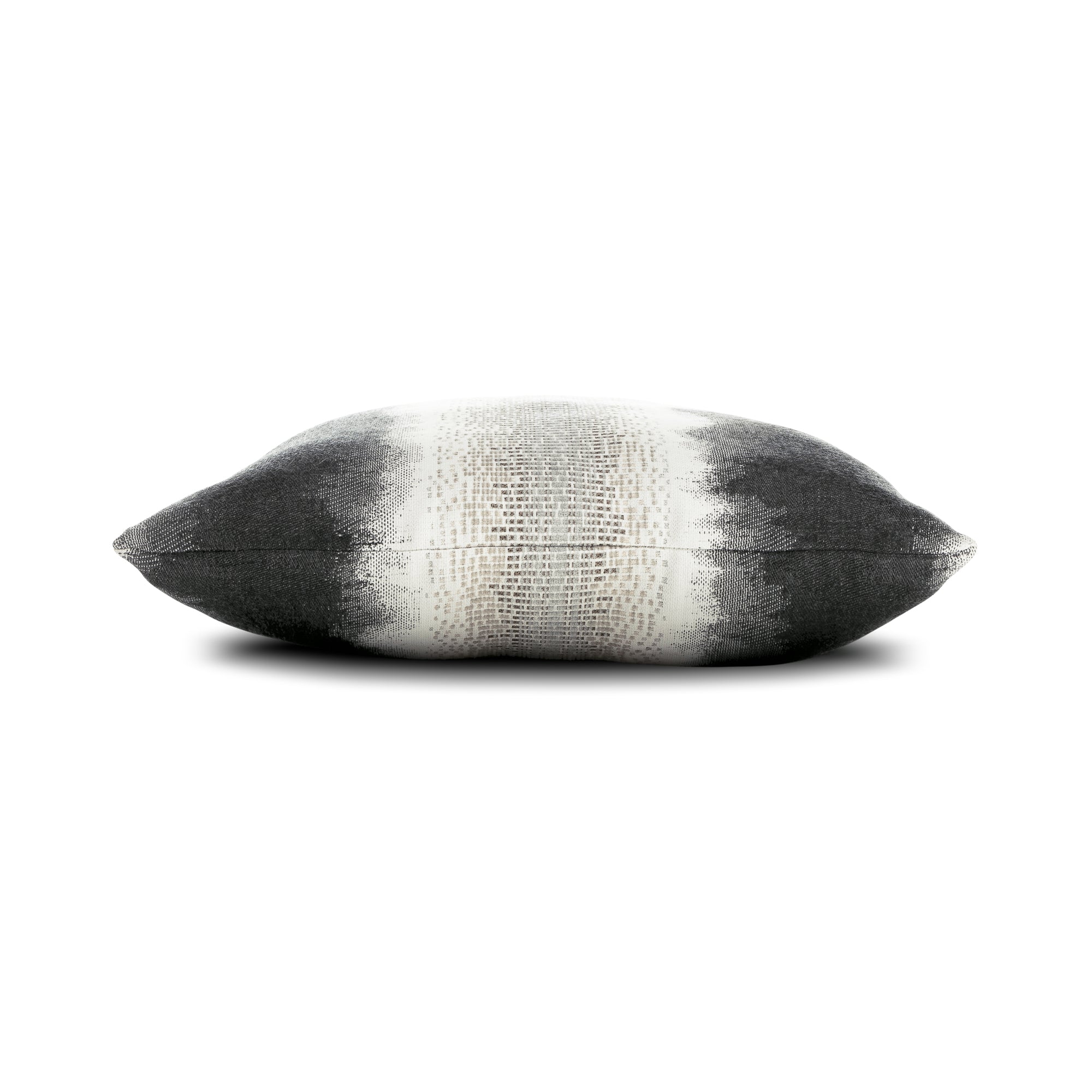 Side image of charcoal and gray ombre pillow with chenille center band square size for versatile indoor and outdoor decor