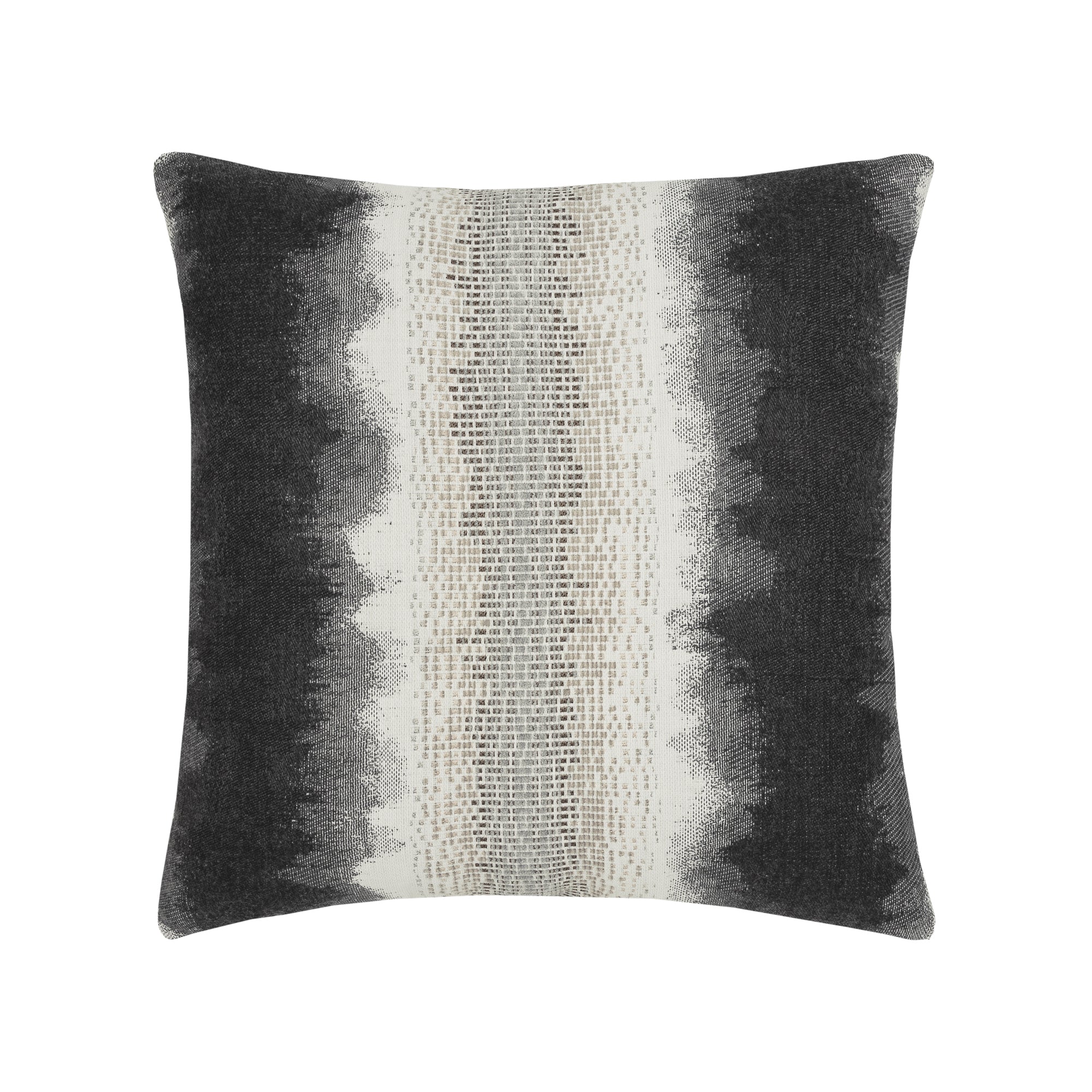 Pillow made from Charcoal performance fabric with blended chenille block center band and artistic edge fade design