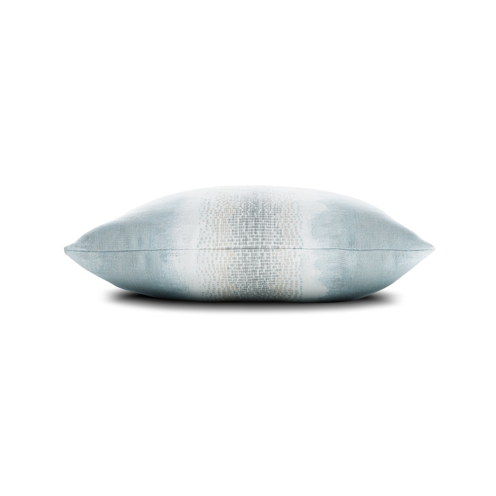 Side image of Light blue ombre pillow with chenille center band lumbar size for sophisticated indoor and outdoor decor