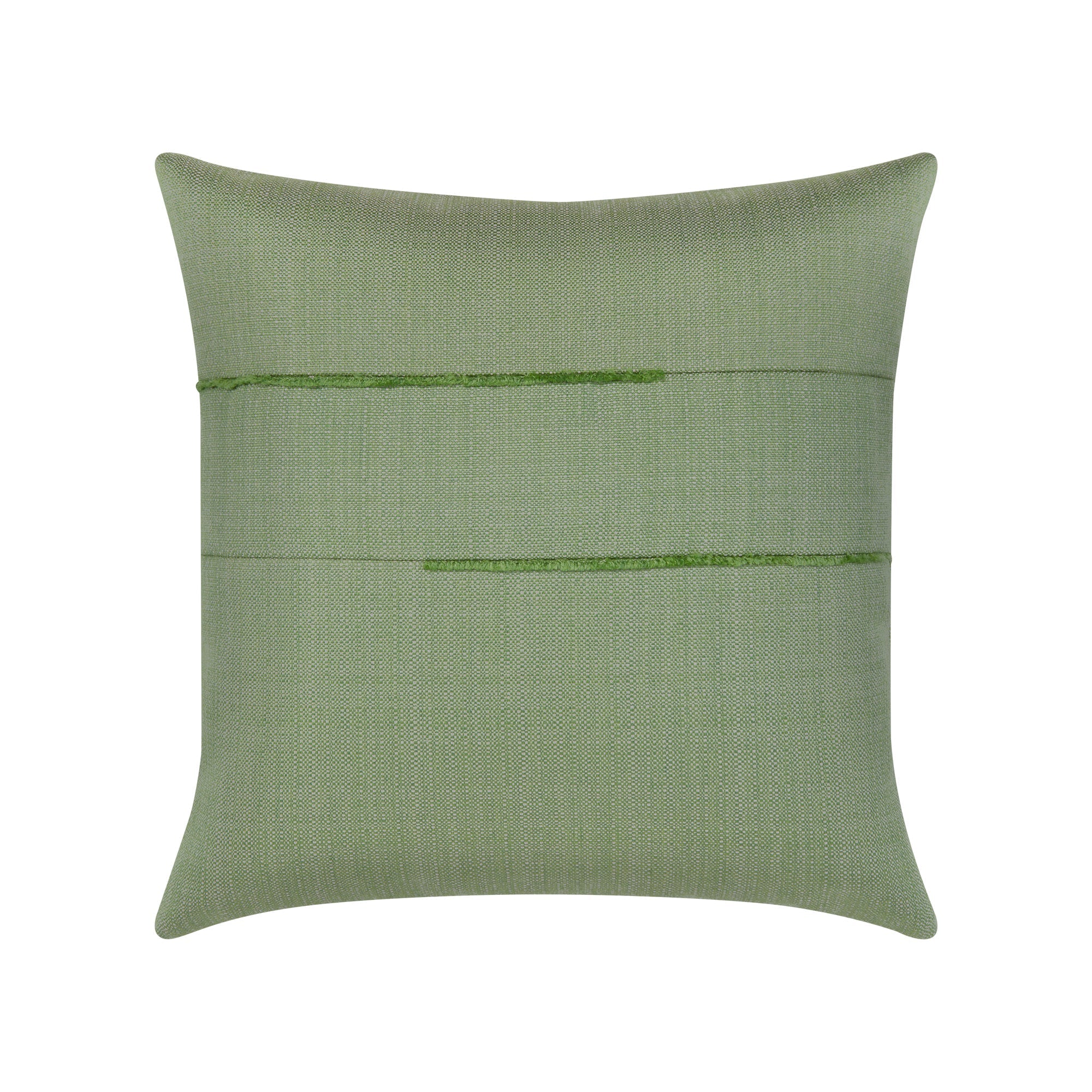 Green solid with micro fringe detailing outdoor pillow in square size for natural indoor and outdoor decor