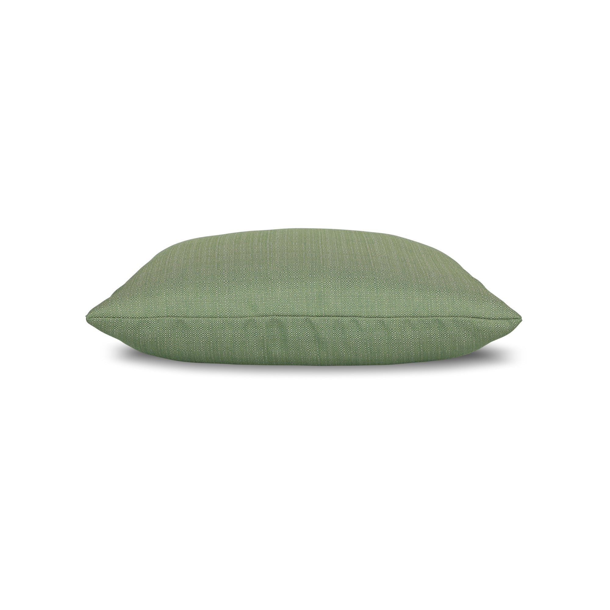 Side image of Green solid with micro fringe detailing outdoor pillow in square size for natural indoor and outdoor decor