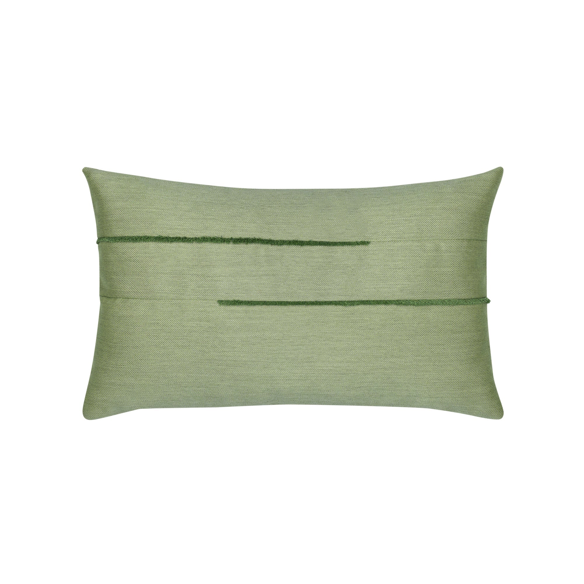 Green rectangular outdoor safe pillow with micro fringe detailing 