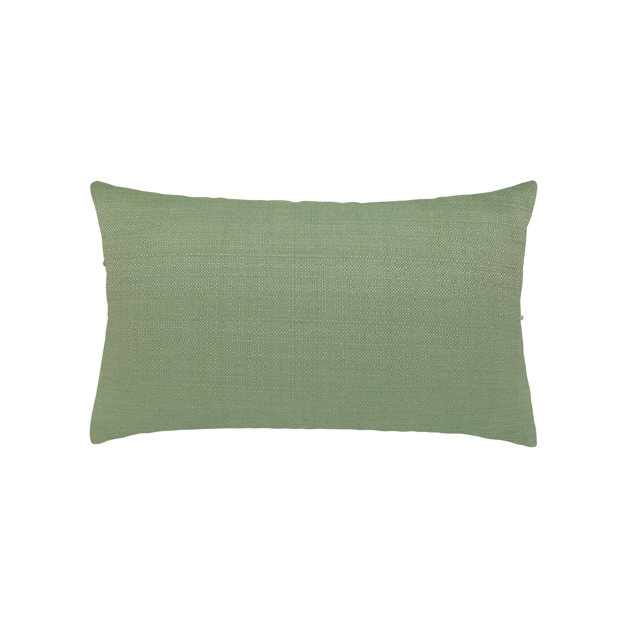 Back image of Green solid with micro fringe detailing outdoor pillow in lumbar size for earthy indoor and outdoor decor