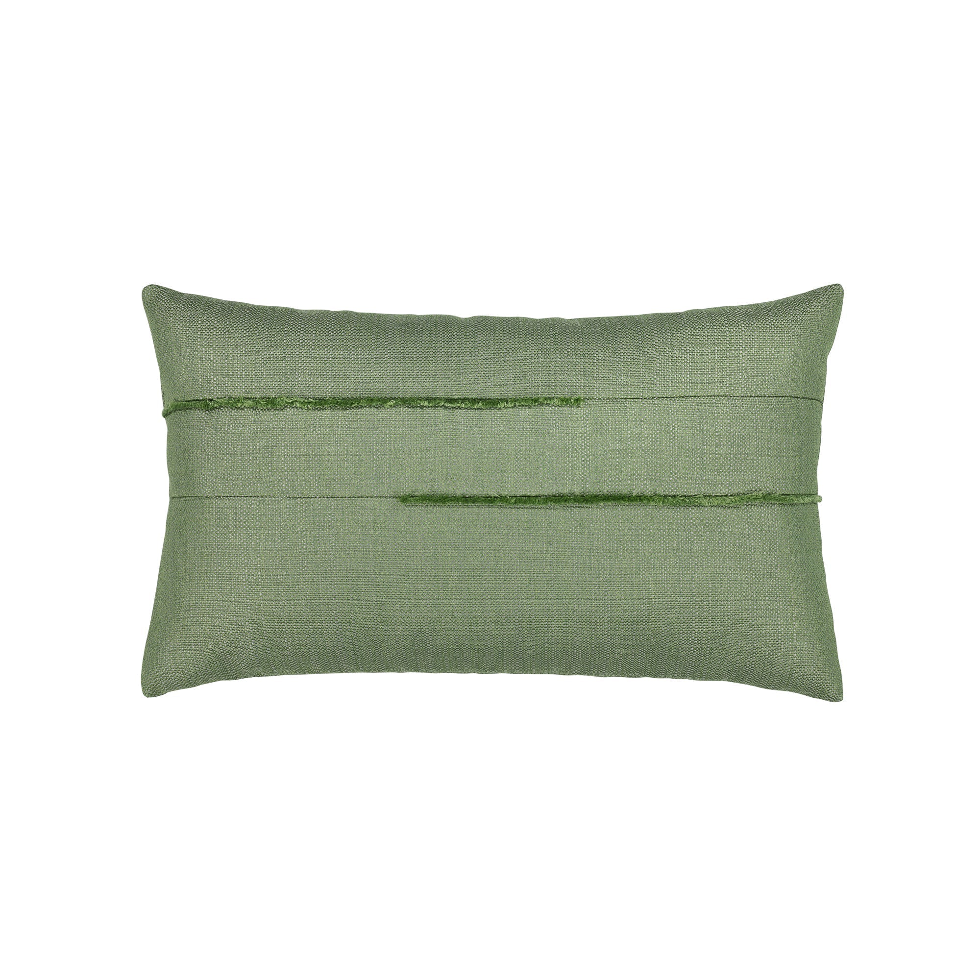 Green solid with micro fringe detailing outdoor pillow in lumbar size for earthy indoor and outdoor decor
