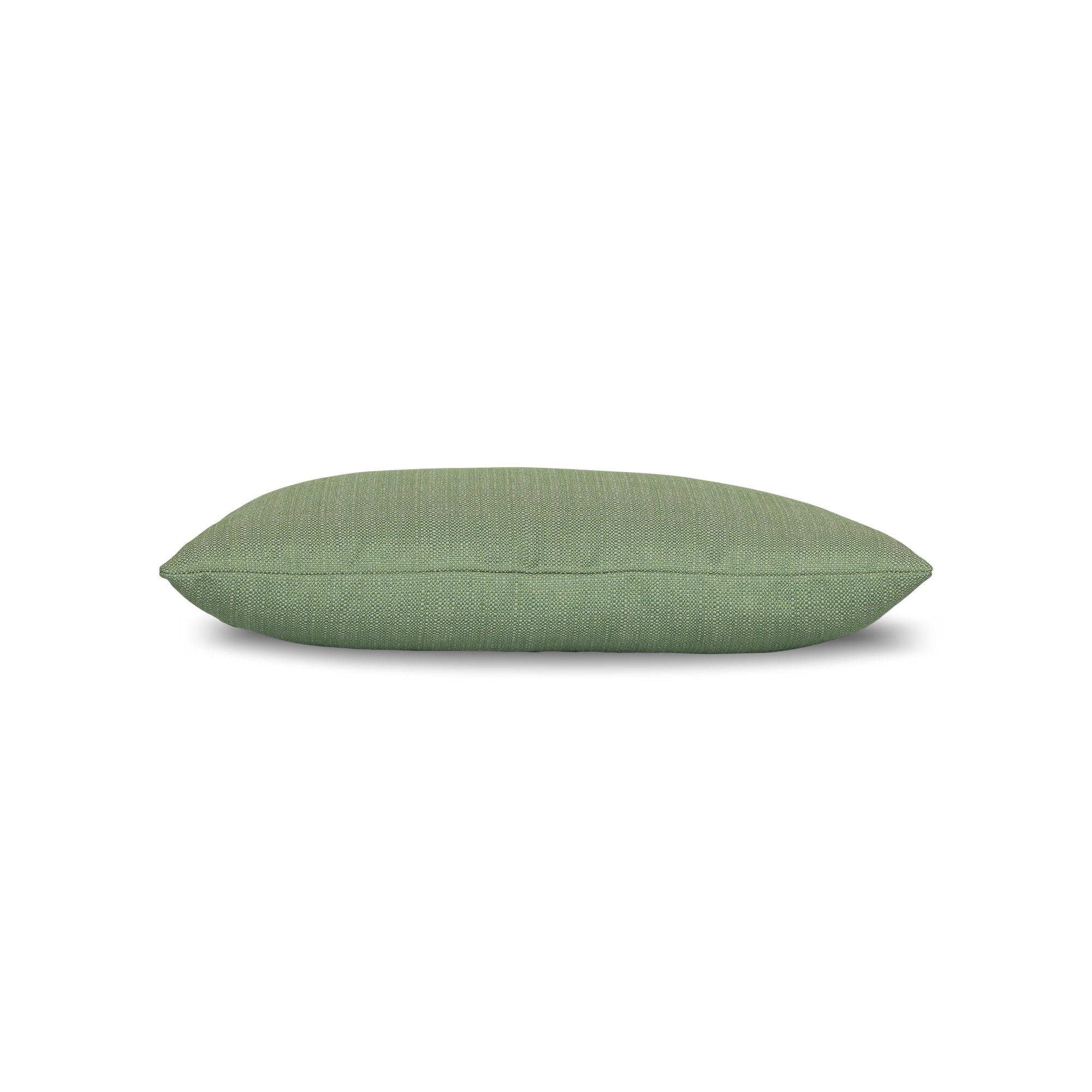 Side image of Green solid with micro fringe detailing outdoor pillow in lumbar size for earthy indoor and outdoor decor