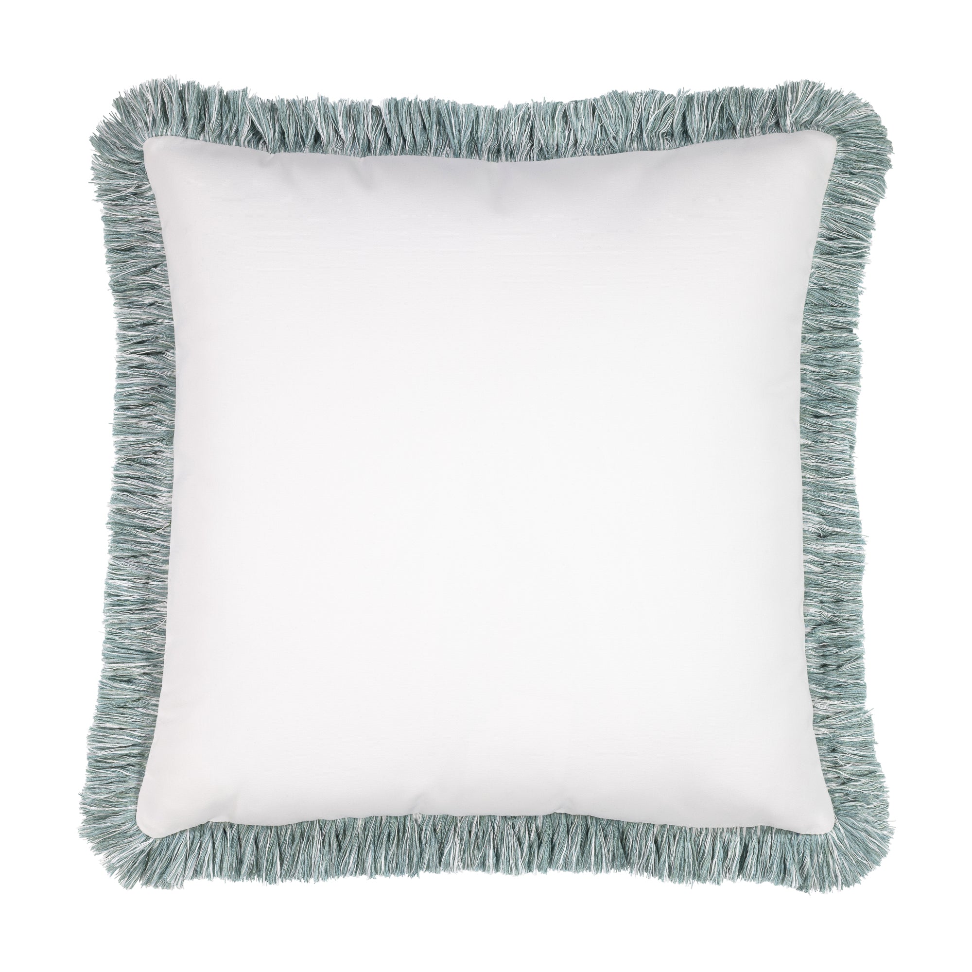 Back image of Aqua and white outdoor pillow with dragonfly motif, square size for sophisticated outdoor styling