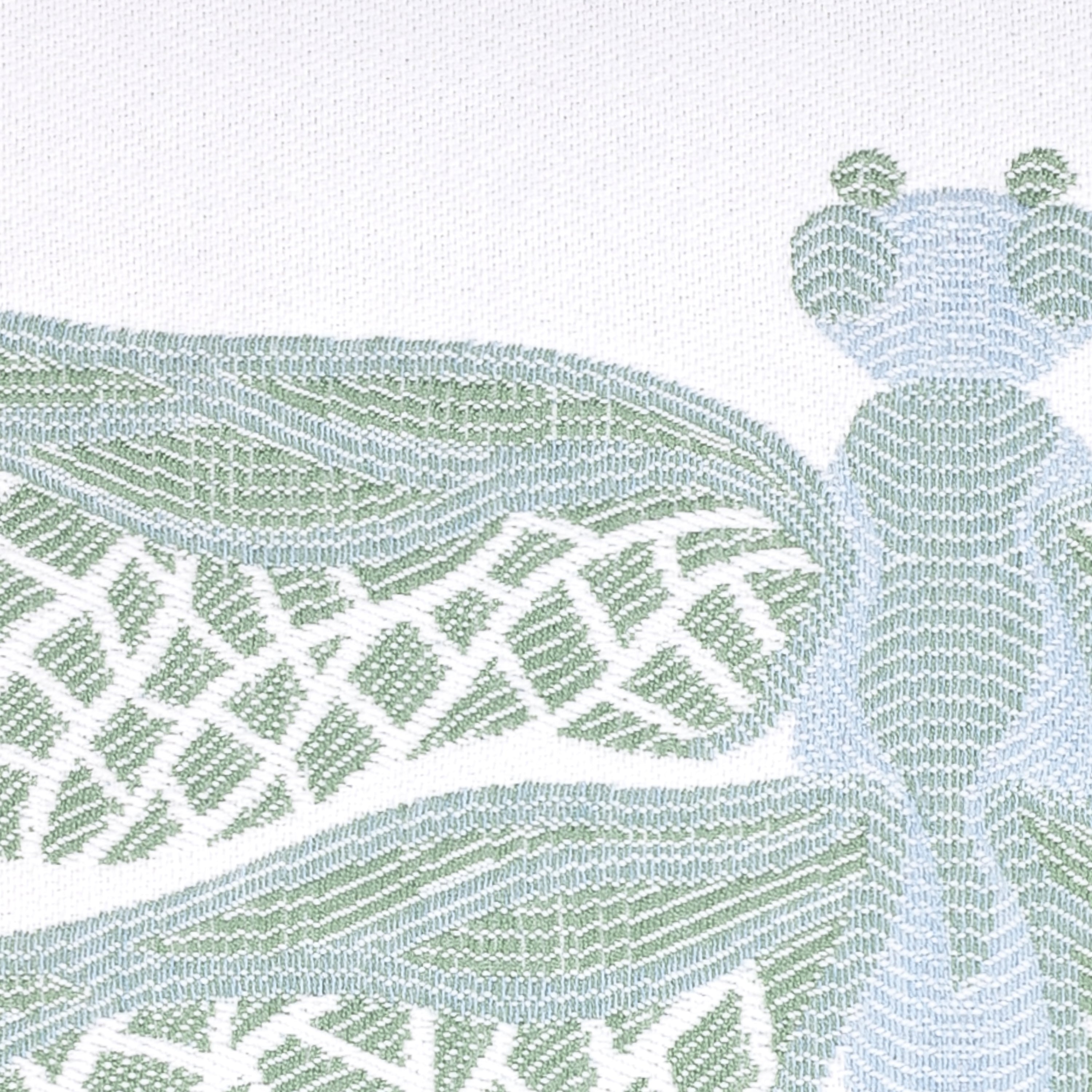 Detail image of Aqua and white outdoor pillow with dragonfly motif, square size for sophisticated outdoor styling