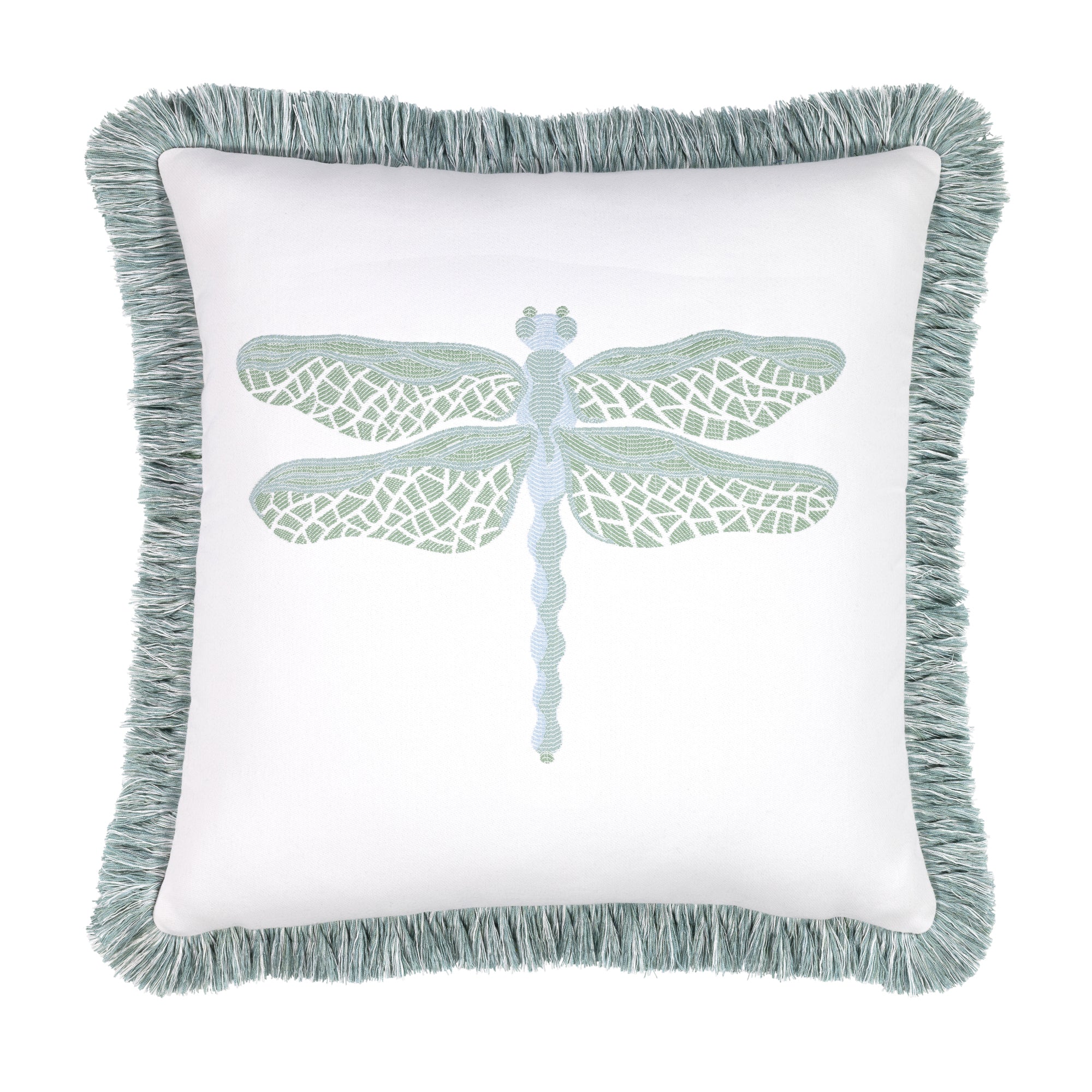 Aqua and white outdoor pillow with dragonfly motif, square size for sophisticated outdoor styling