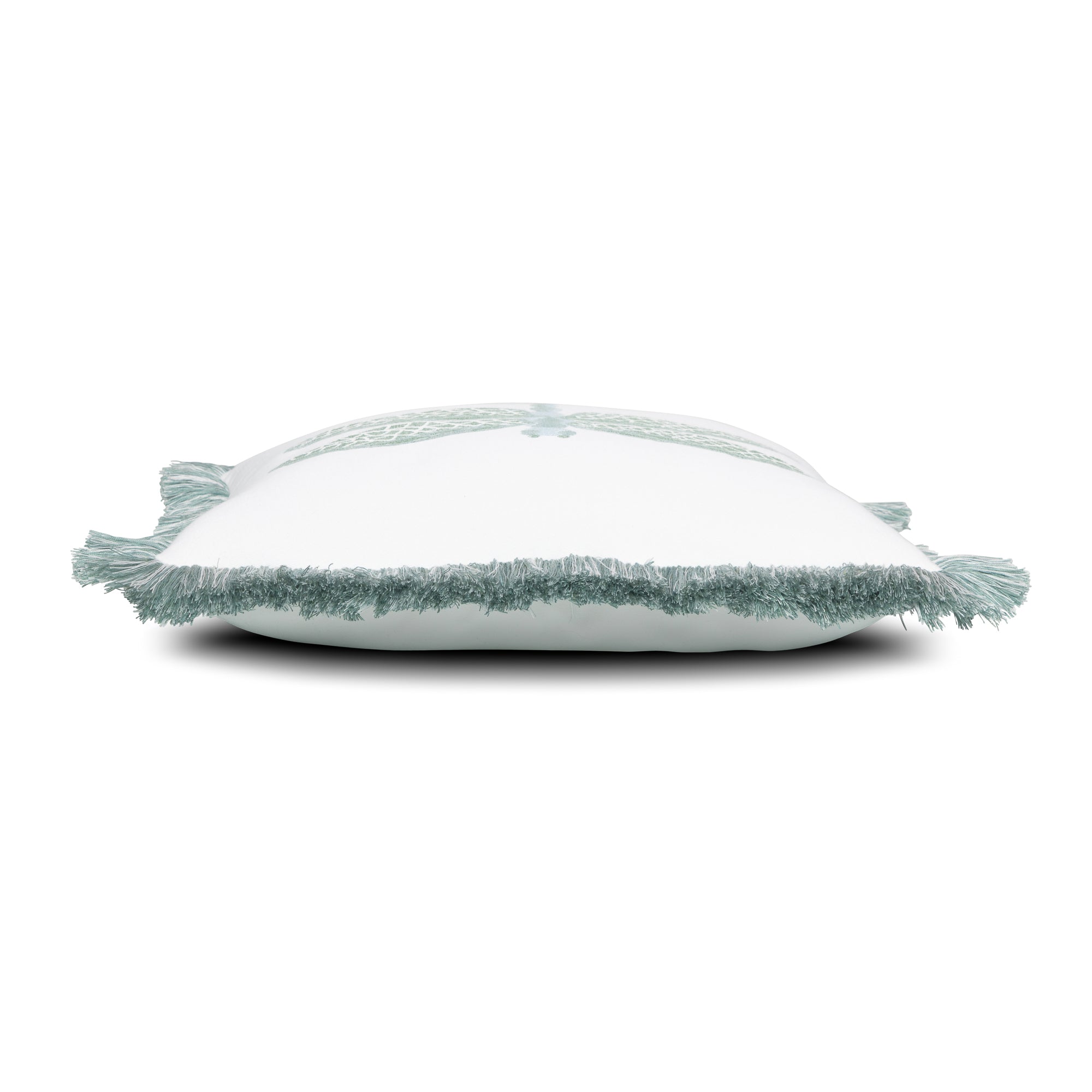 Side image of Aqua and white outdoor pillow with dragonfly motif, square size for sophisticated outdoor styling