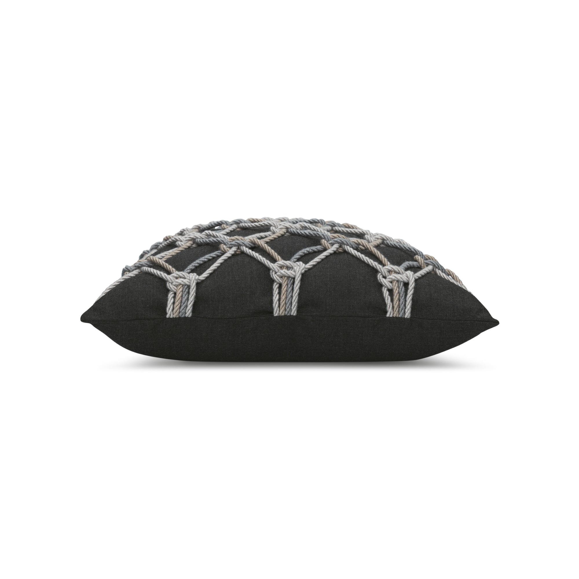 Side image of Black outdoor pillow with diamond stitch pattern, lumbar size for elegant outdoor seating
