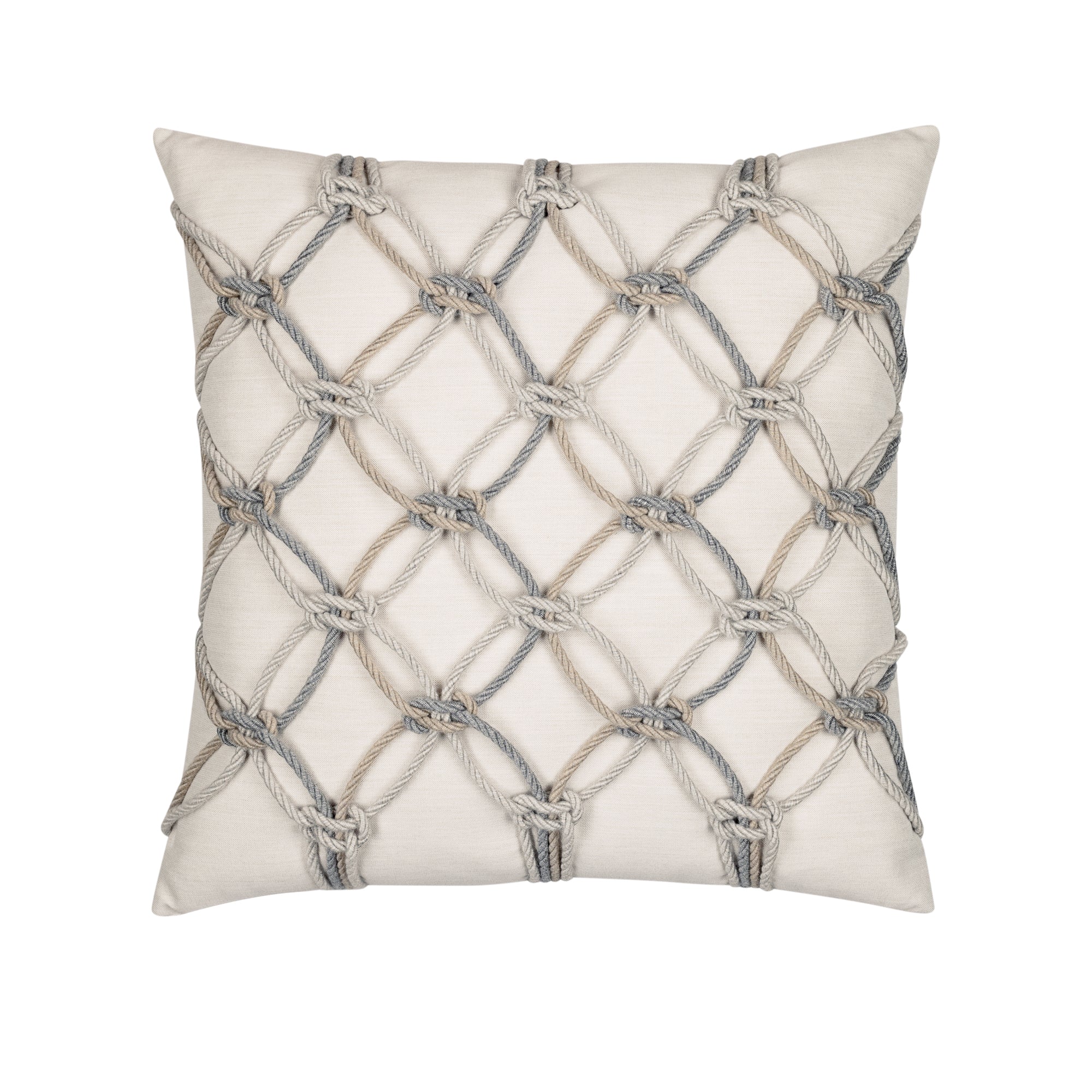 Beige outdoor pillow with macrame rope pattern square size for elegant patio decor
