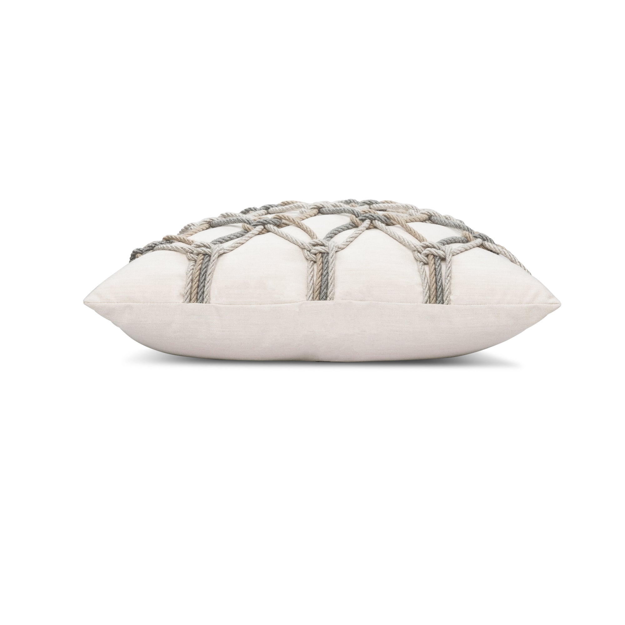 Side image of Beige outdoor pillow with macrame rope pattern square size for elegant patio decor