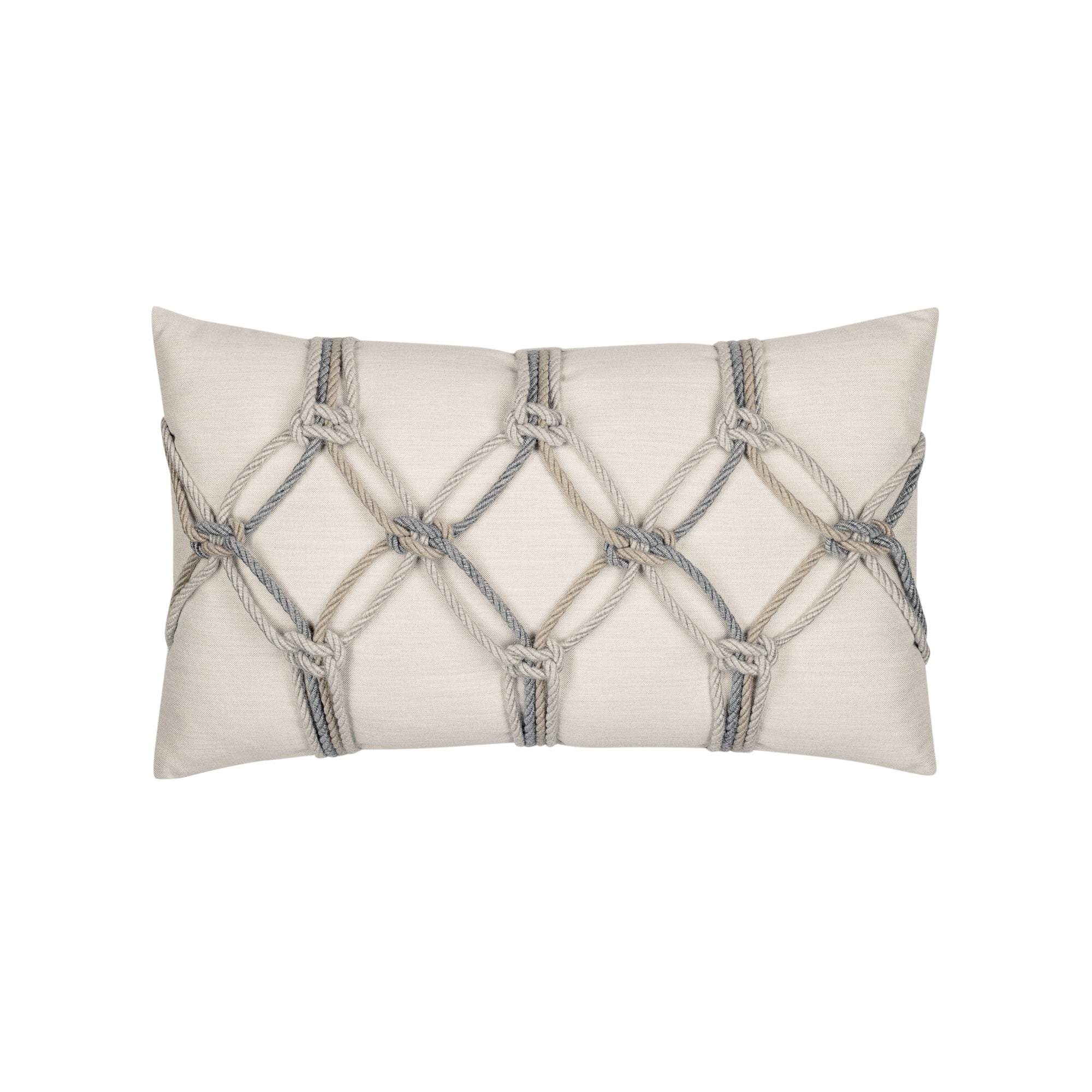Beige outdoor pillow with macrame rope pattern lumbar size for classic patio decor