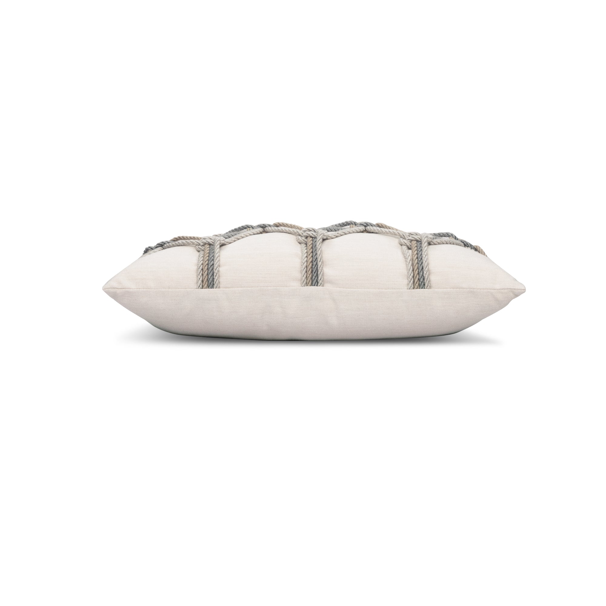 Side image of Beige outdoor pillow with macrame rope pattern lumbar size for classic patio decor