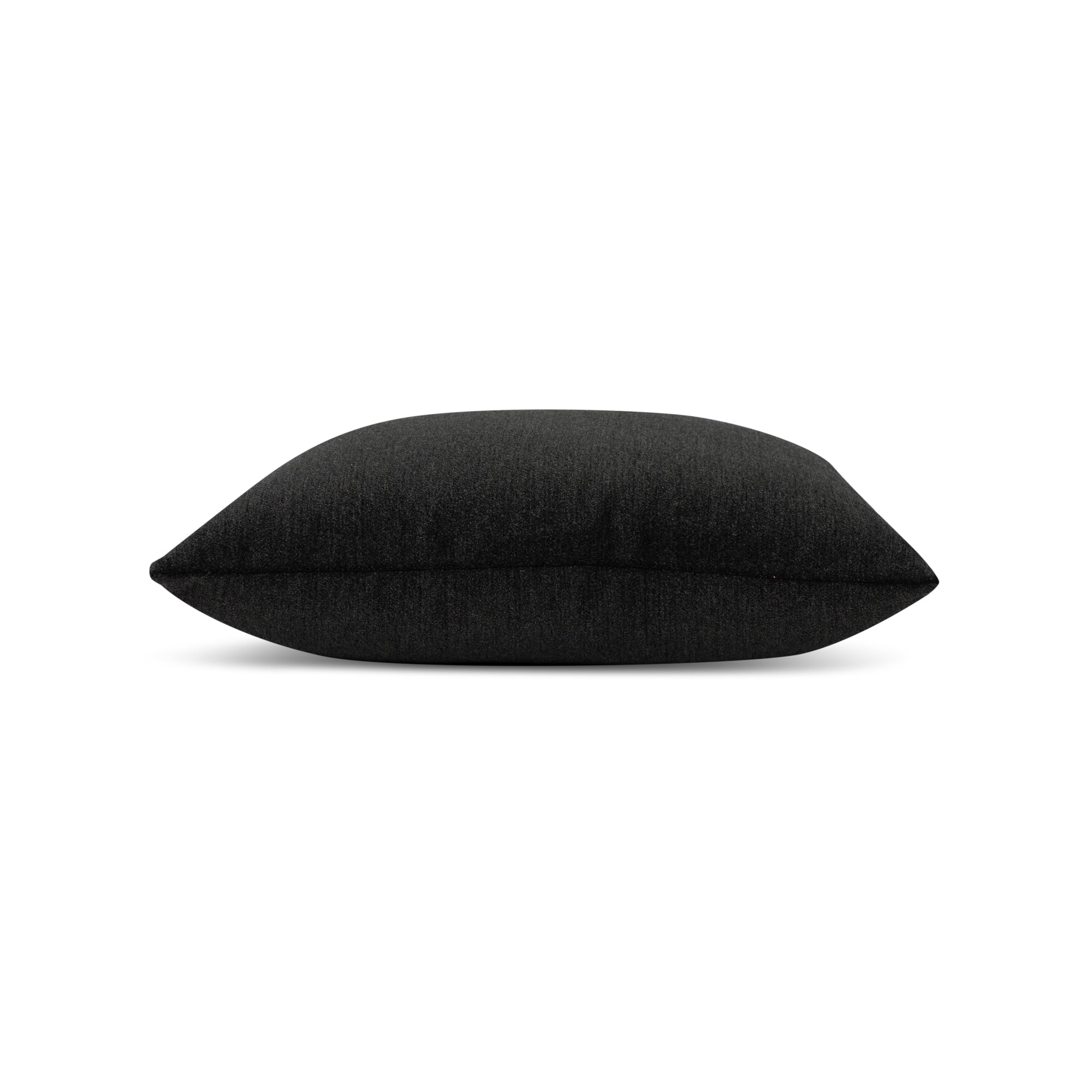 Side image of Charcoal velour outdoor pillow square size for dramatic indoor and outdoor decor