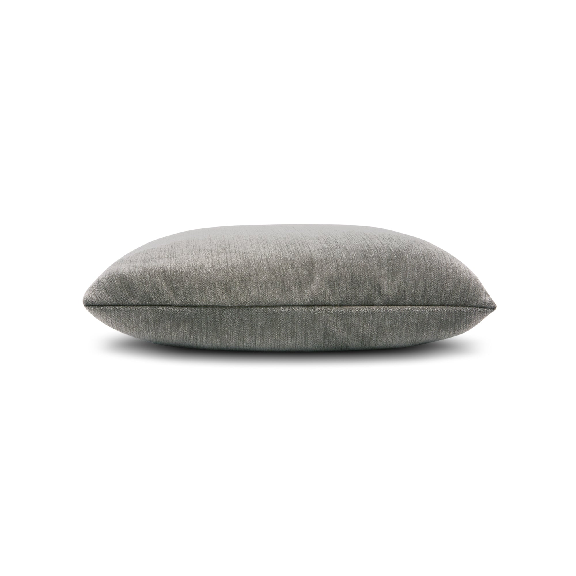 Side image of Pewter velour outdoor pillow square size for contemporary indoor and outdoor decor