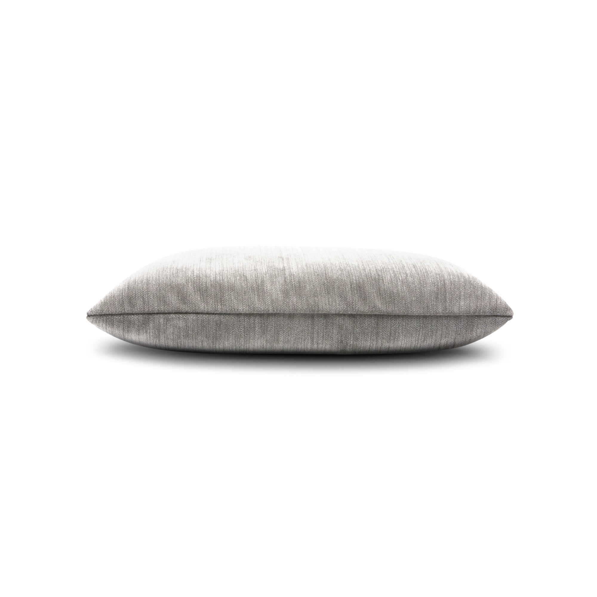Side image of Pewter velour outdoor pillow lumbar size for stylish indoor and outdoor decor