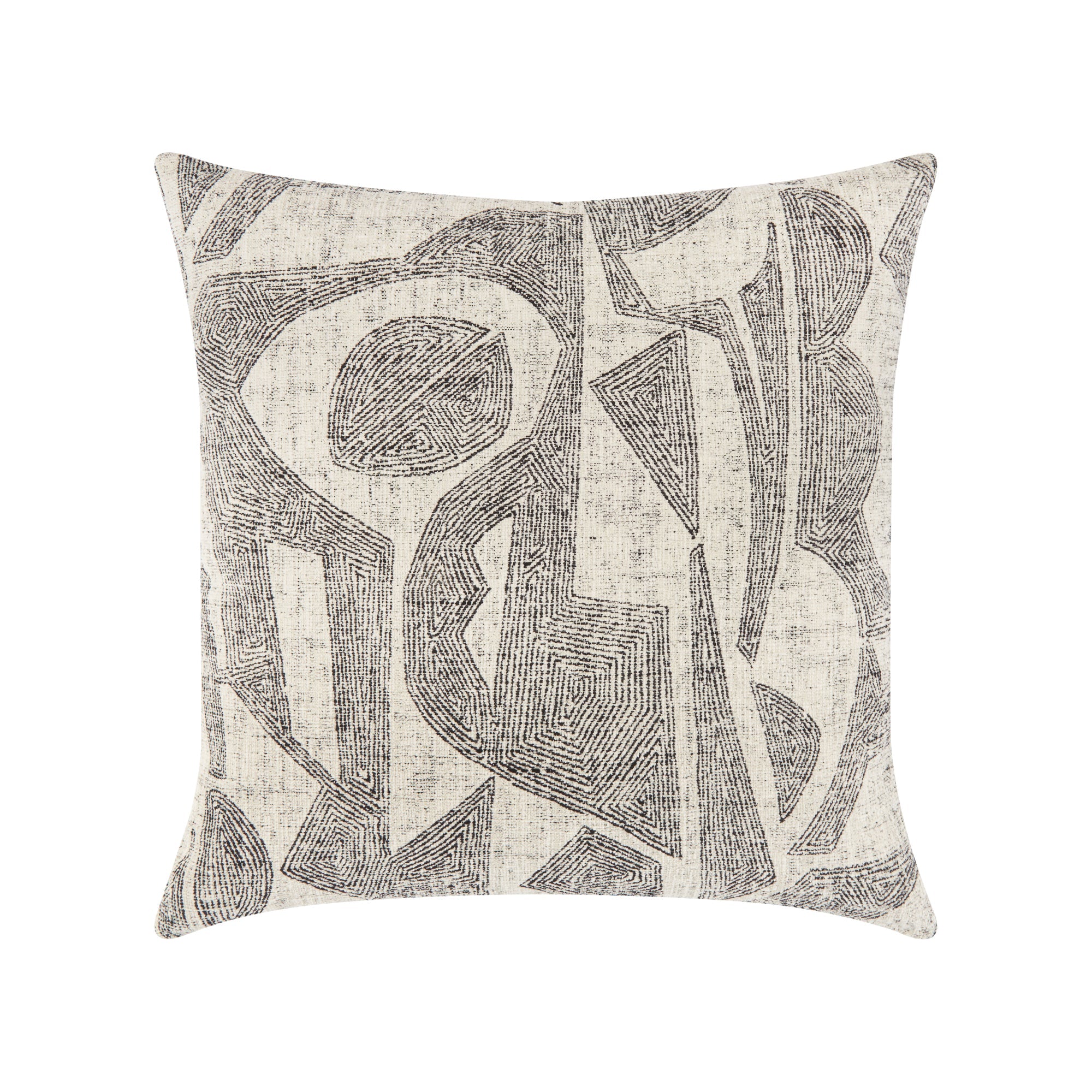 Pillow made from Ebony-toned geometric outdoor safe fabric with tribal-inspired design