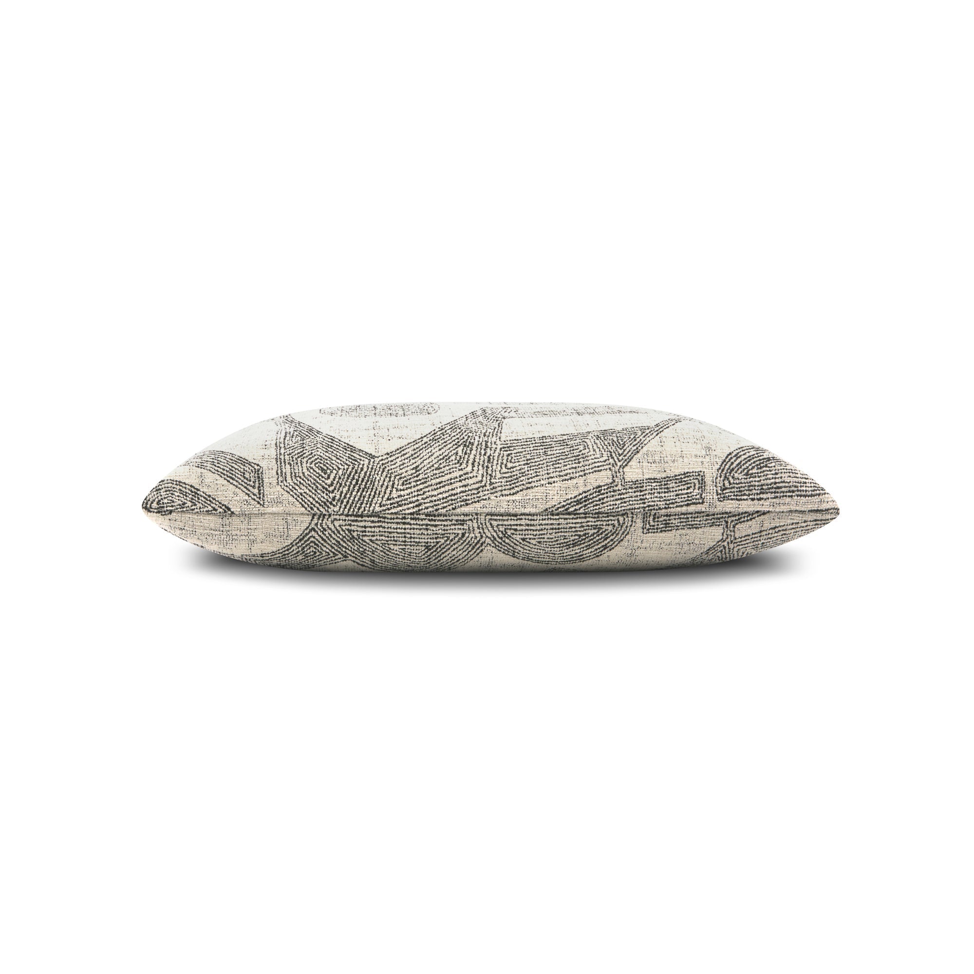 Side image of Beige & Black outdoor pillow with damask pattern lumbar size for classic patio decor