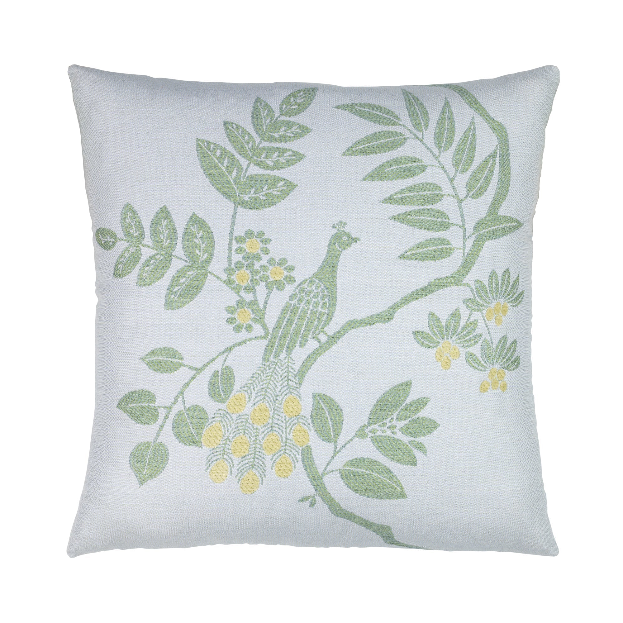 Green leaf motif pillow with corner tassels for elegant indoor and outdoor decor