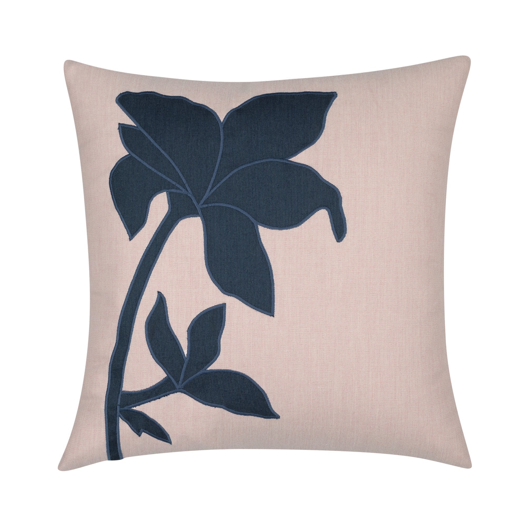 Blush pink outdoor pillow with navy floral design for elegant patio styling