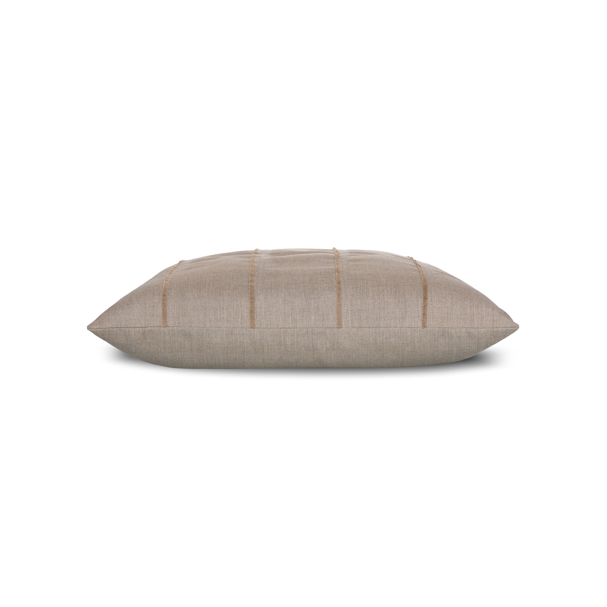 Side image of Sand solid pillow with fringe detailing in lumbar size for neutral indoor and outdoor decor by Elaine Smith