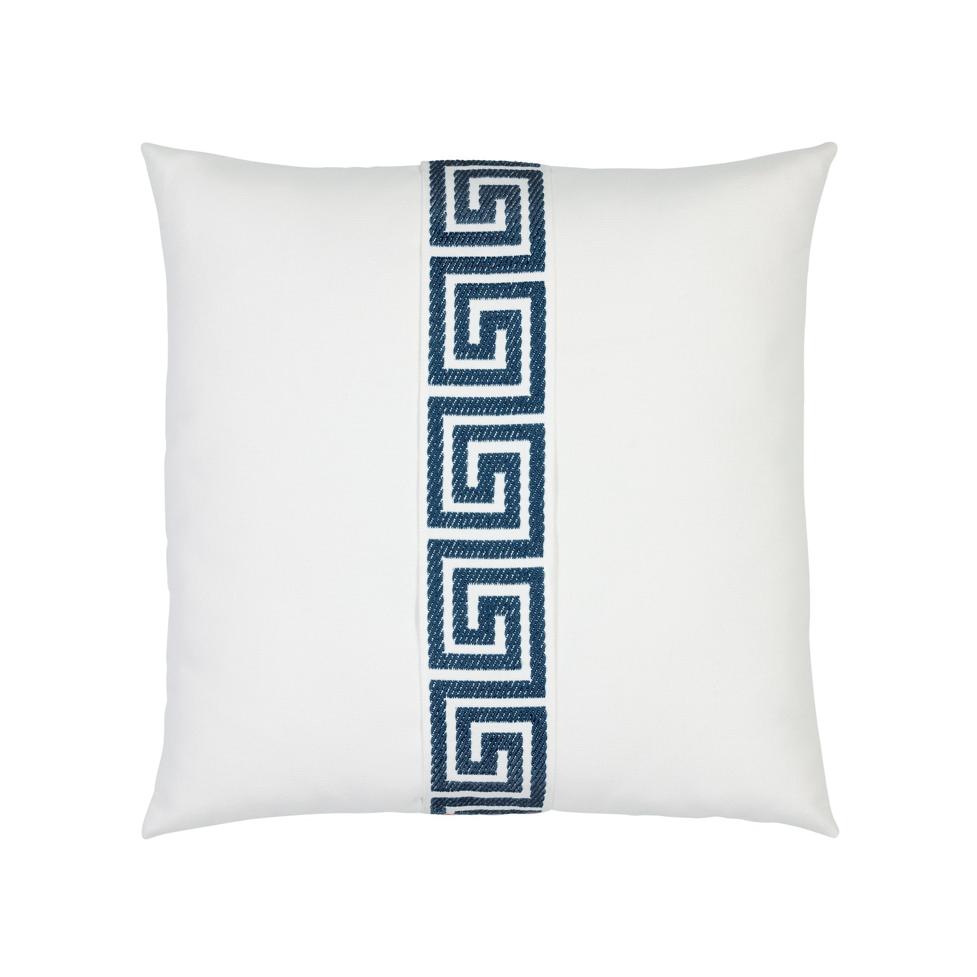 White pillow with teal greek key band in square size for indoor and outdoor décor