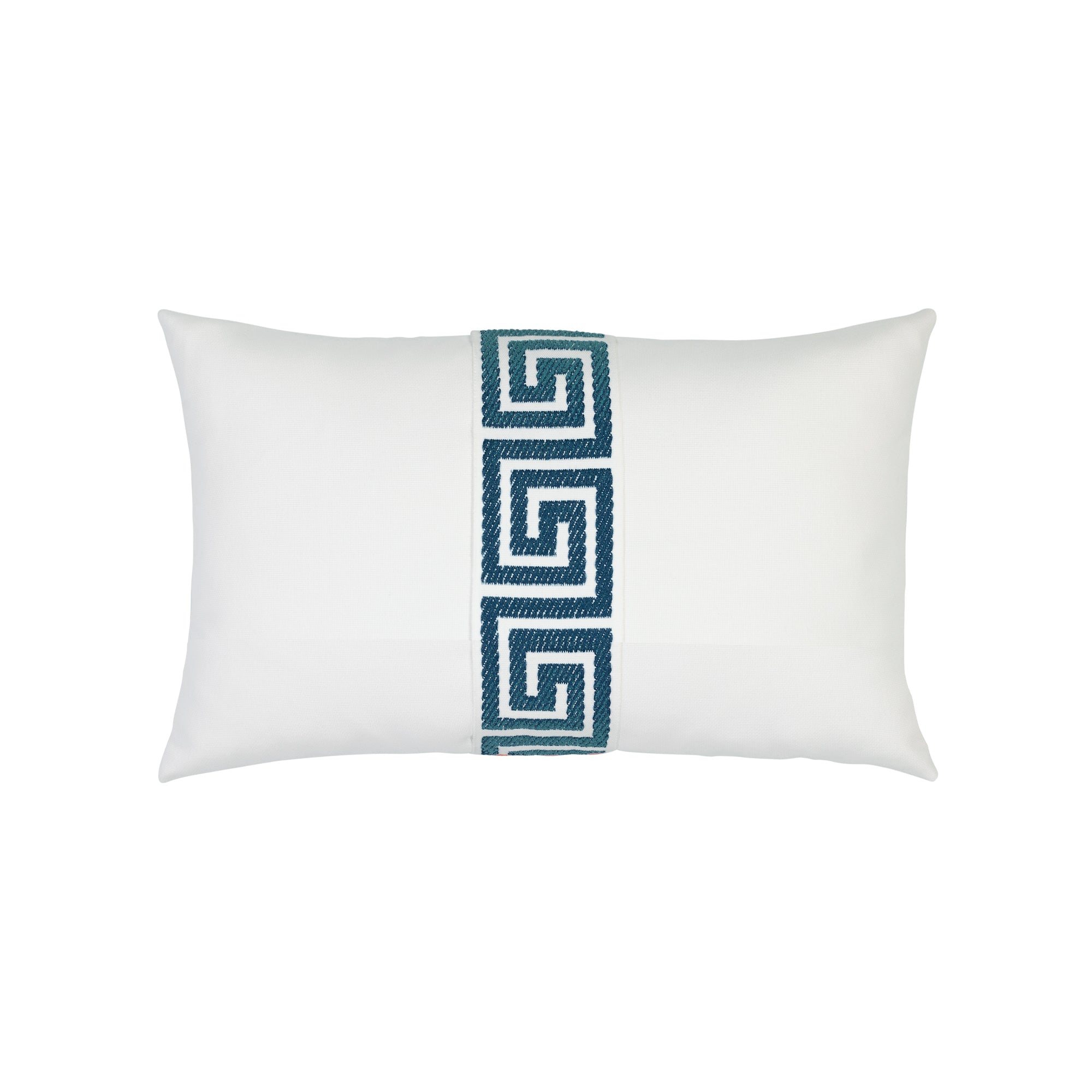 White pillow with teal greek key band in lumbar size for indoor and outdoor décor