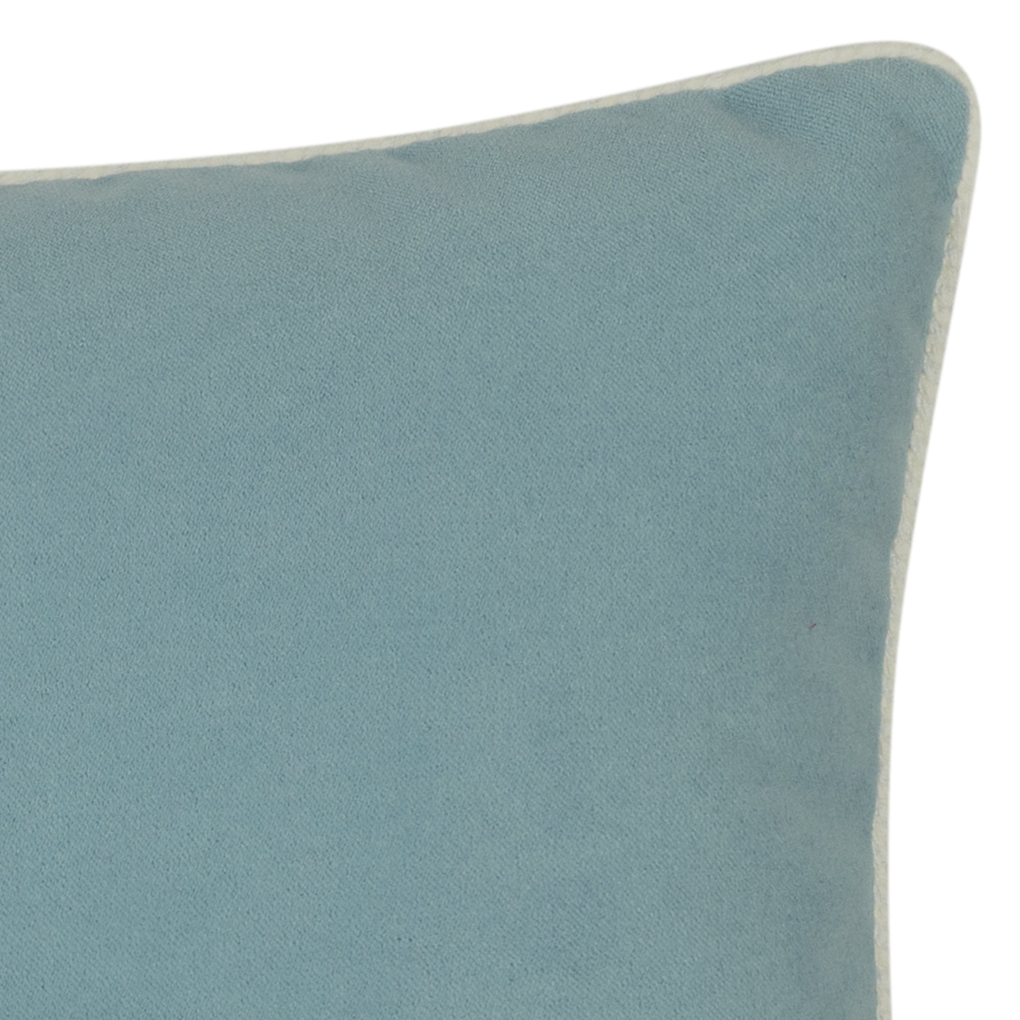 Detail image of Tiffany blue solid outdoor velvet pillow with ivory cording in lumbar size for versatile indoor and outdoor decor