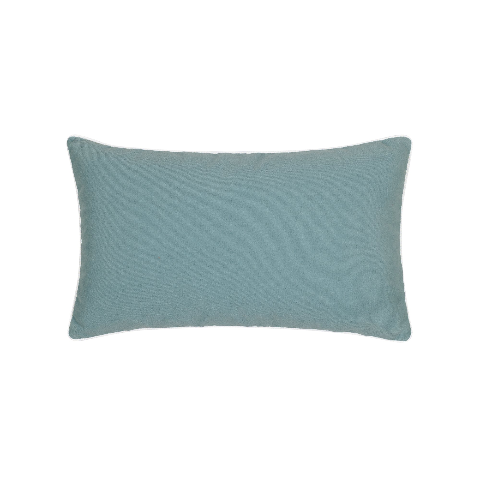 Tiffany blue solid outdoor velvet pillow with ivory cording in lumbar size for versatile indoor and outdoor decor
