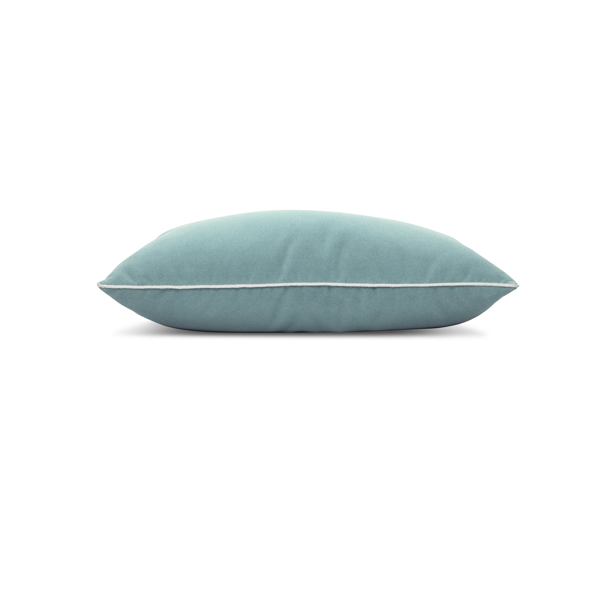 Side image of Tiffany blue solid outdoor velvet pillow with ivory cording in lumbar size for versatile indoor and outdoor decor