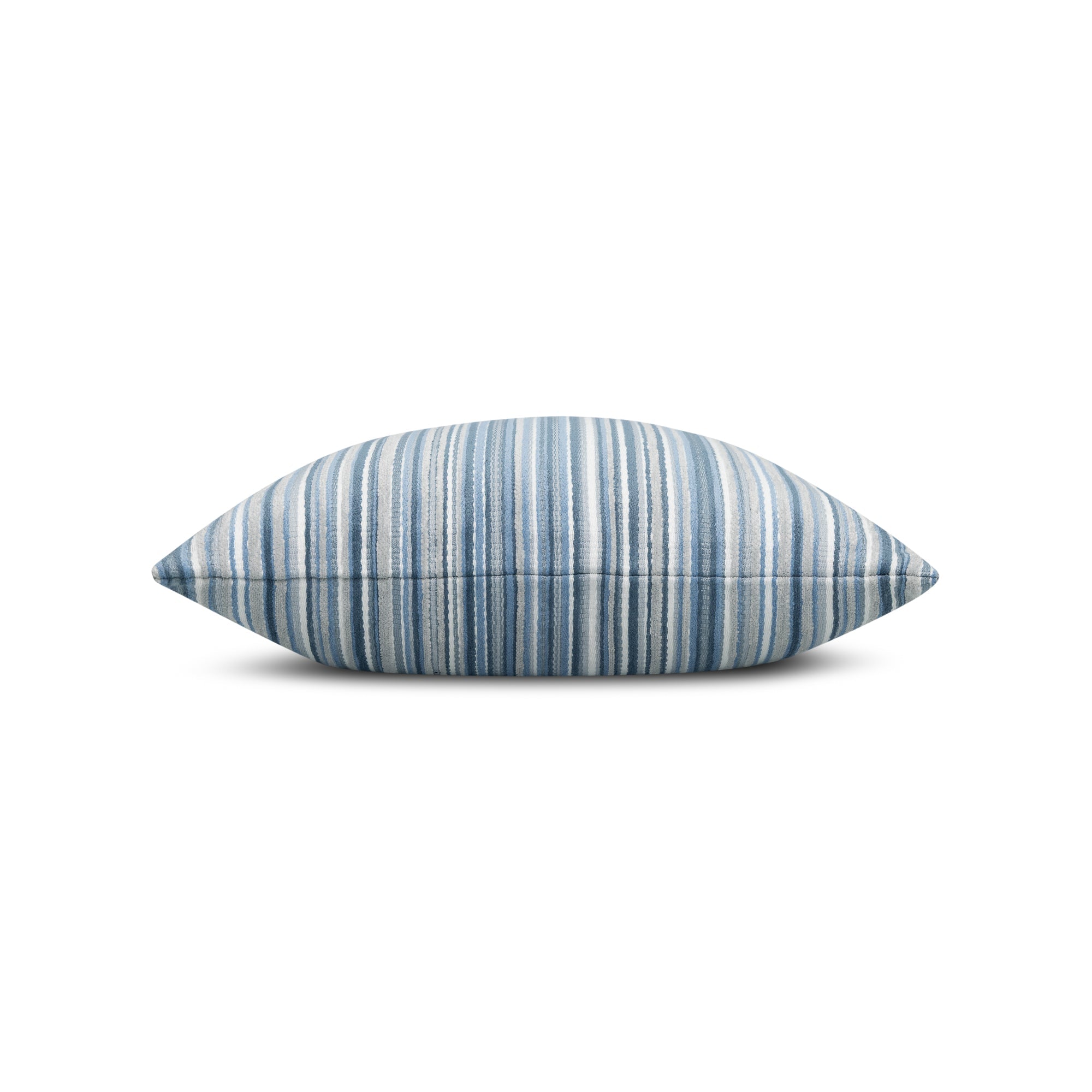 Side image of Blue striped velvet pillow square size for classic patio decor