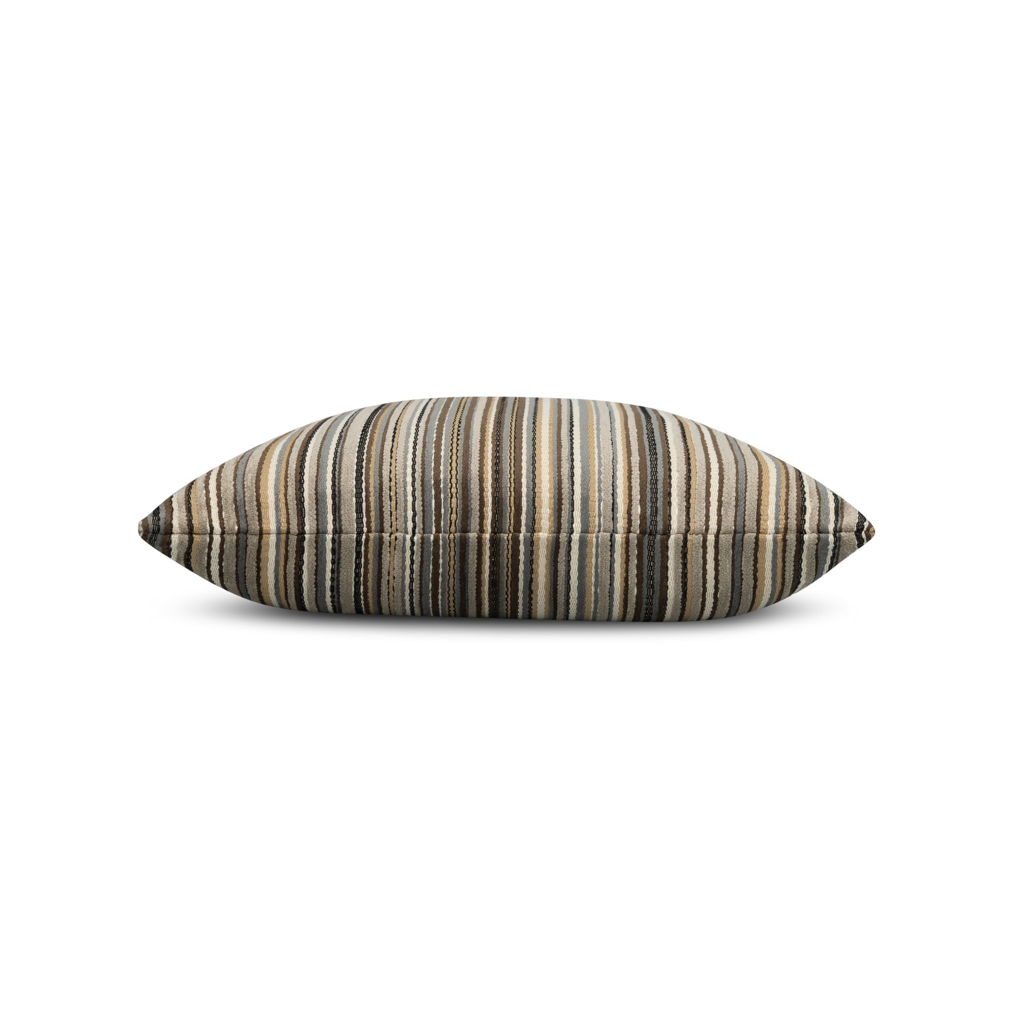 Side image of Brown striped textured velvet pillow square size for natural patio decor